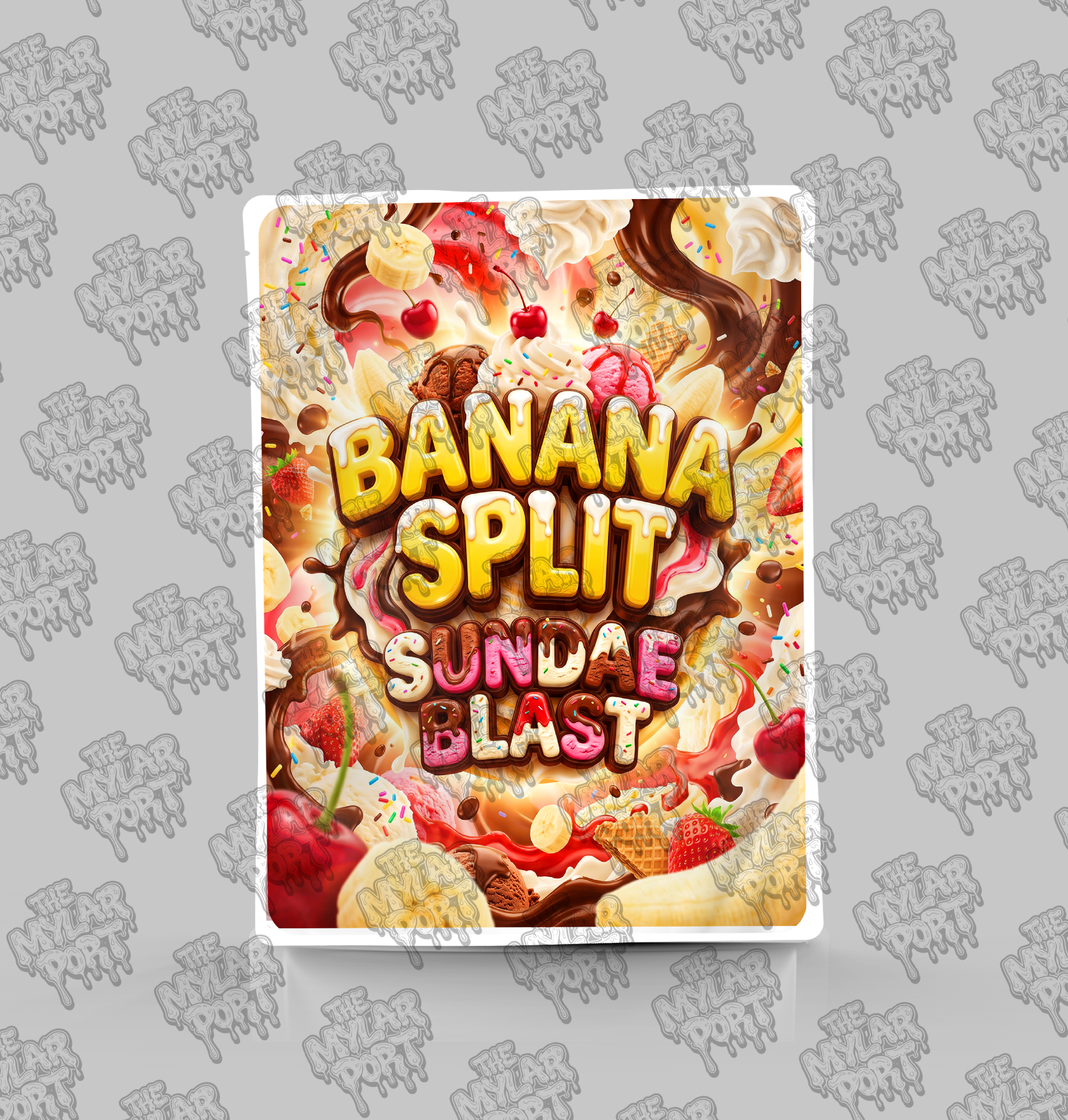 Banana Split Sundae Blast premade digital mylar bag design by The Mylar Port