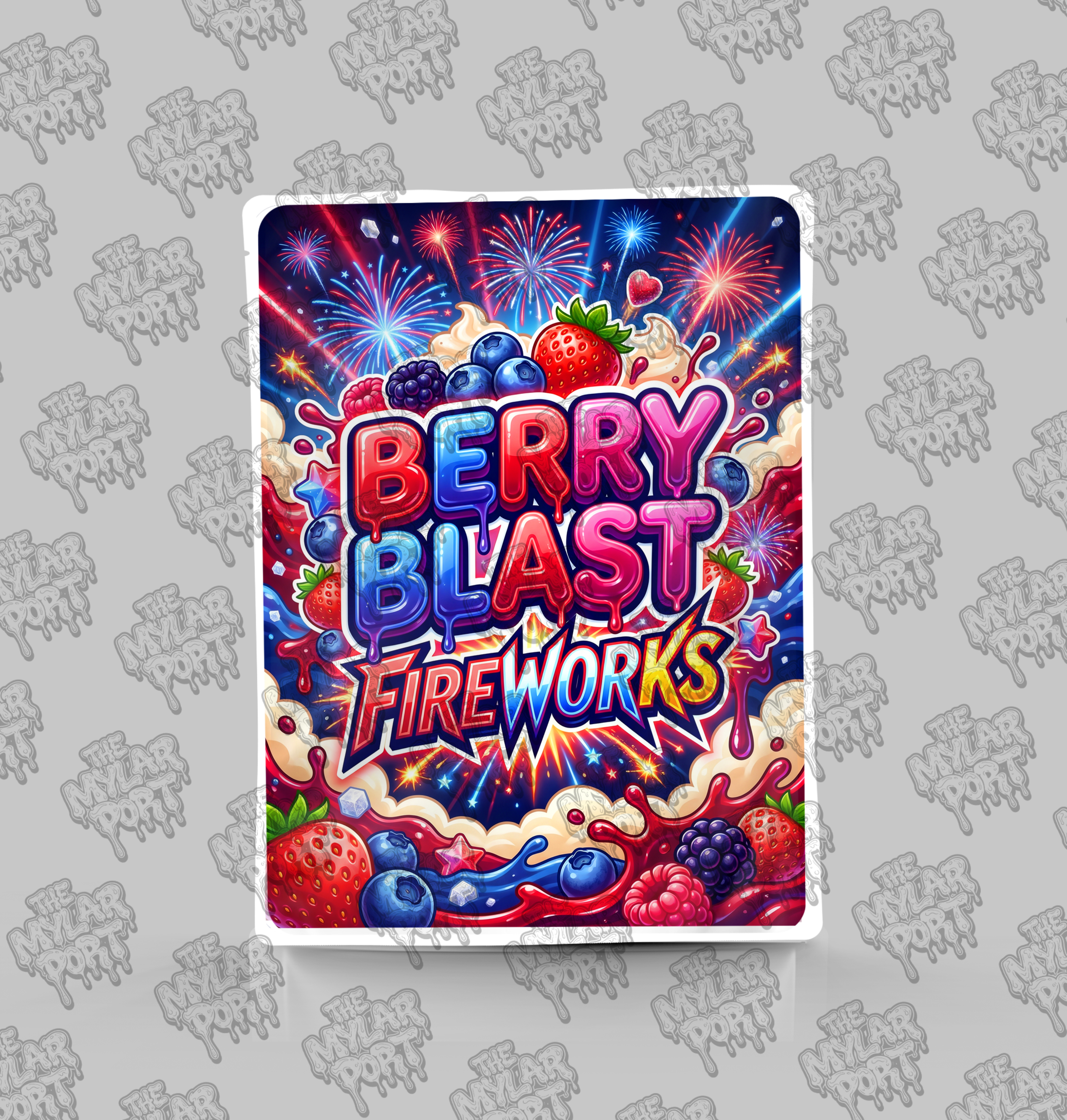 Berry Blast Fireworks premade digital mylar bag design by The Mylar Port