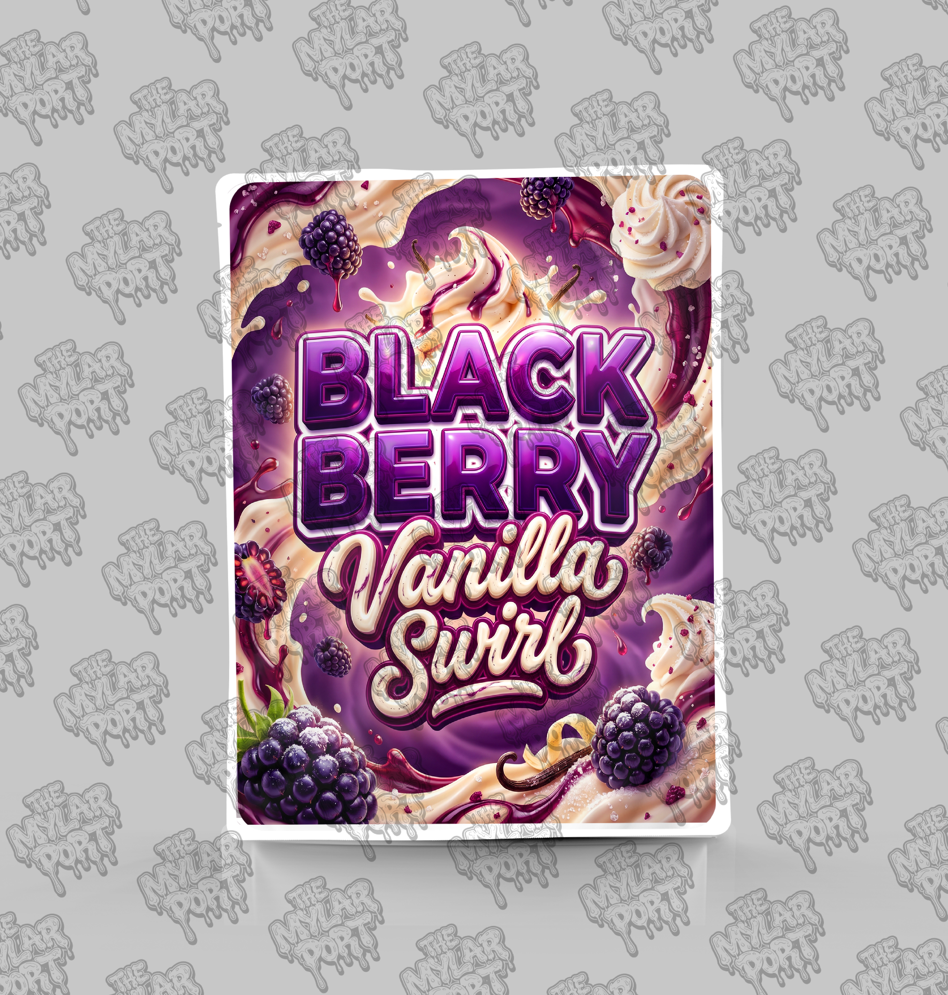 Black Berry Vanilla Swirl premade digital mylar bag design by The Mylar Port