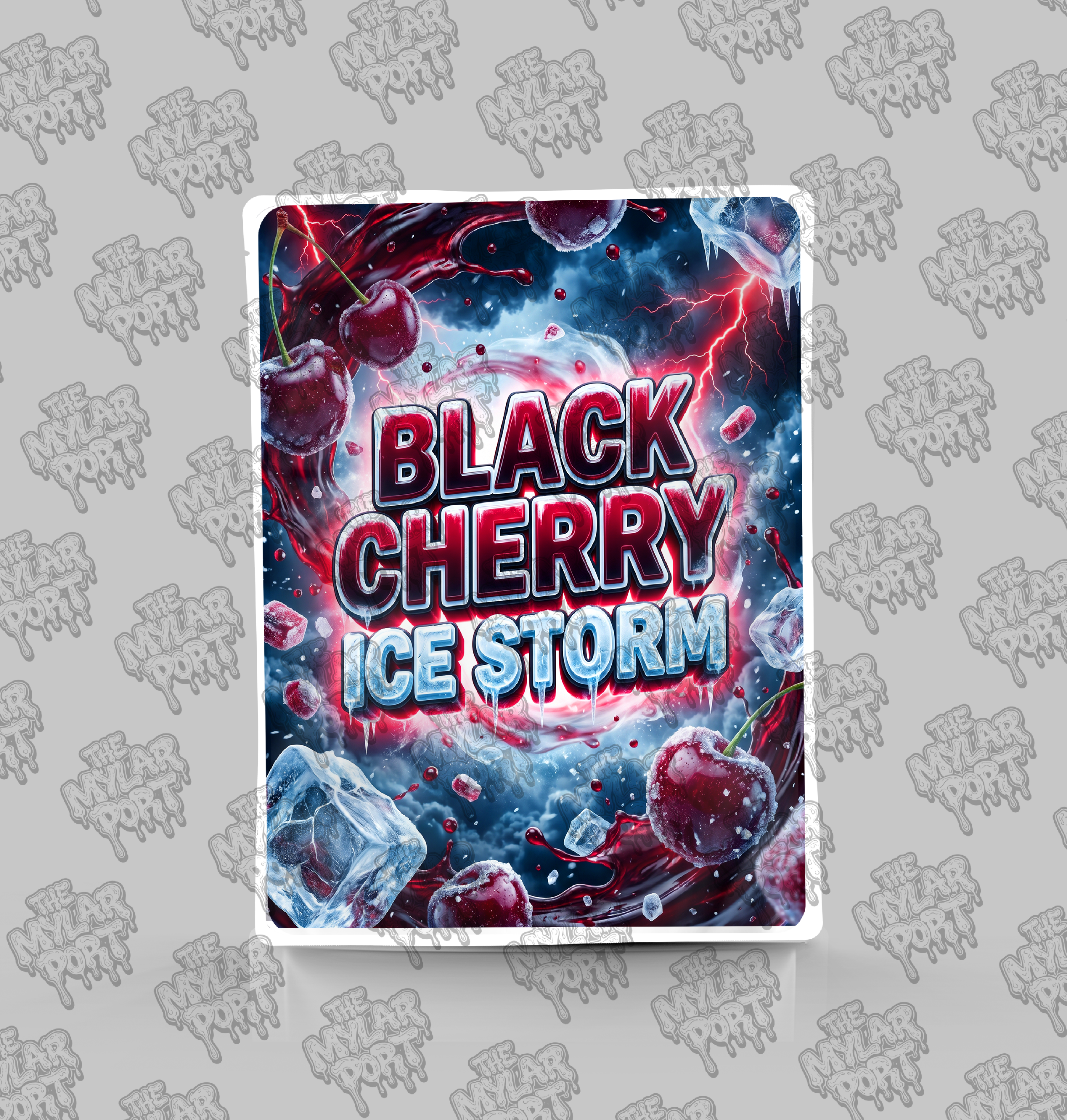 Black Cherry Ice Storm premade digital mylar bag design by The Mylar Port