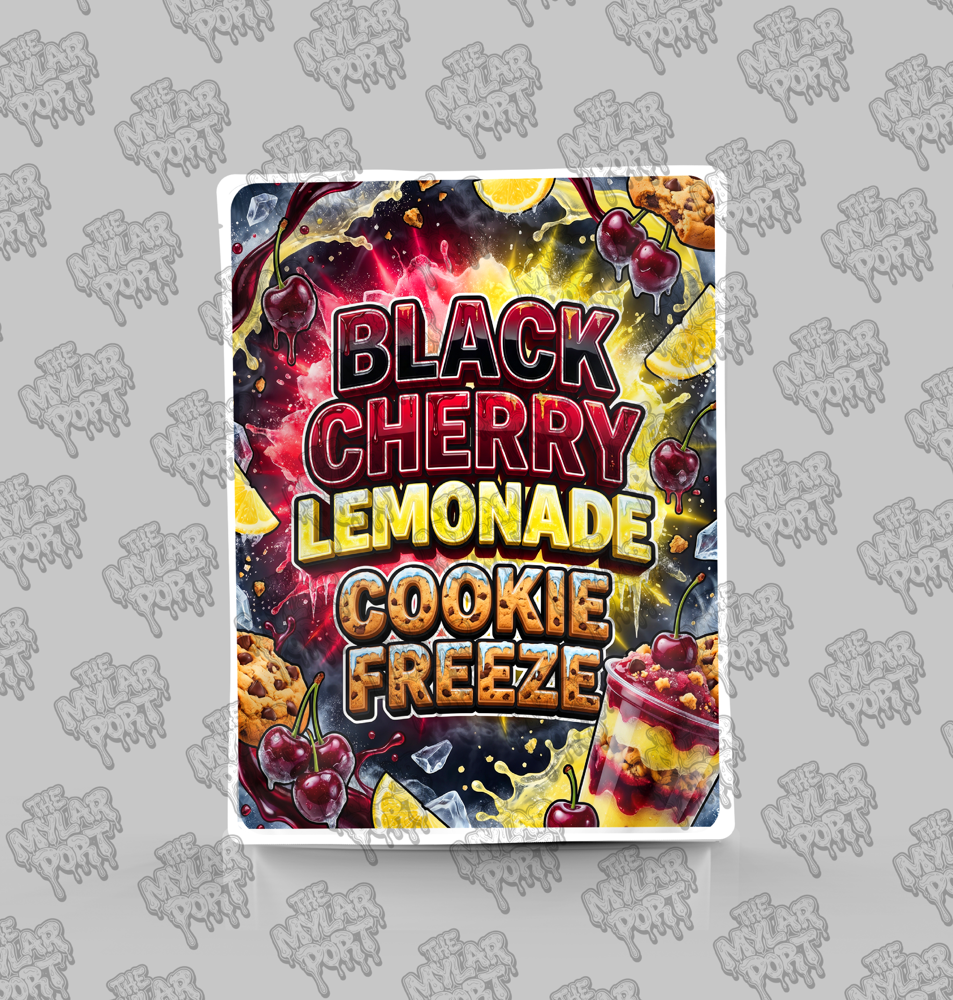 Black Cherry Lemonade Cookie Freeze premade digital mylar bag design by The Mylar Port