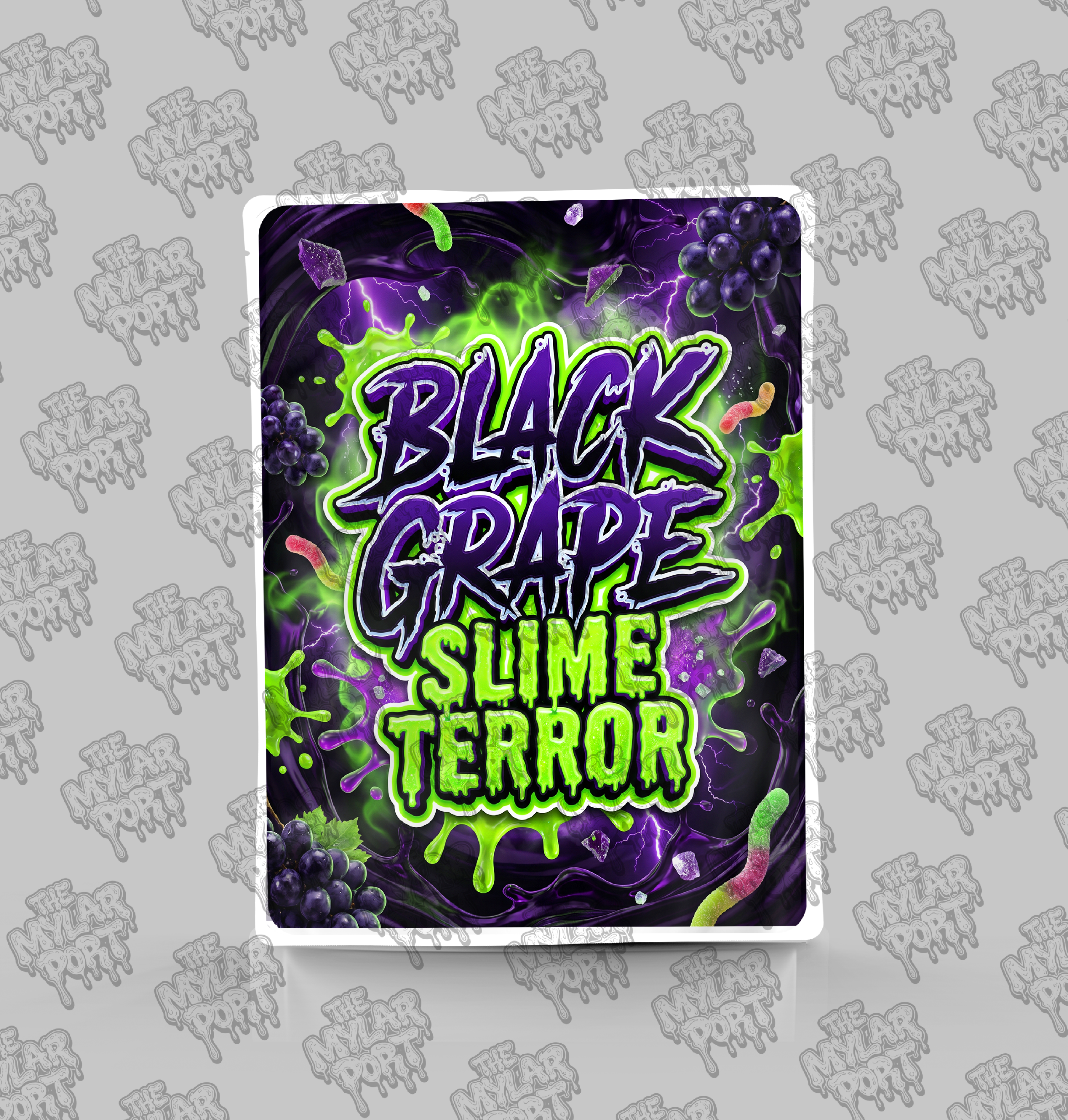 Black Grape Slime Terror premade digital mylar bag design by The Mylar Port