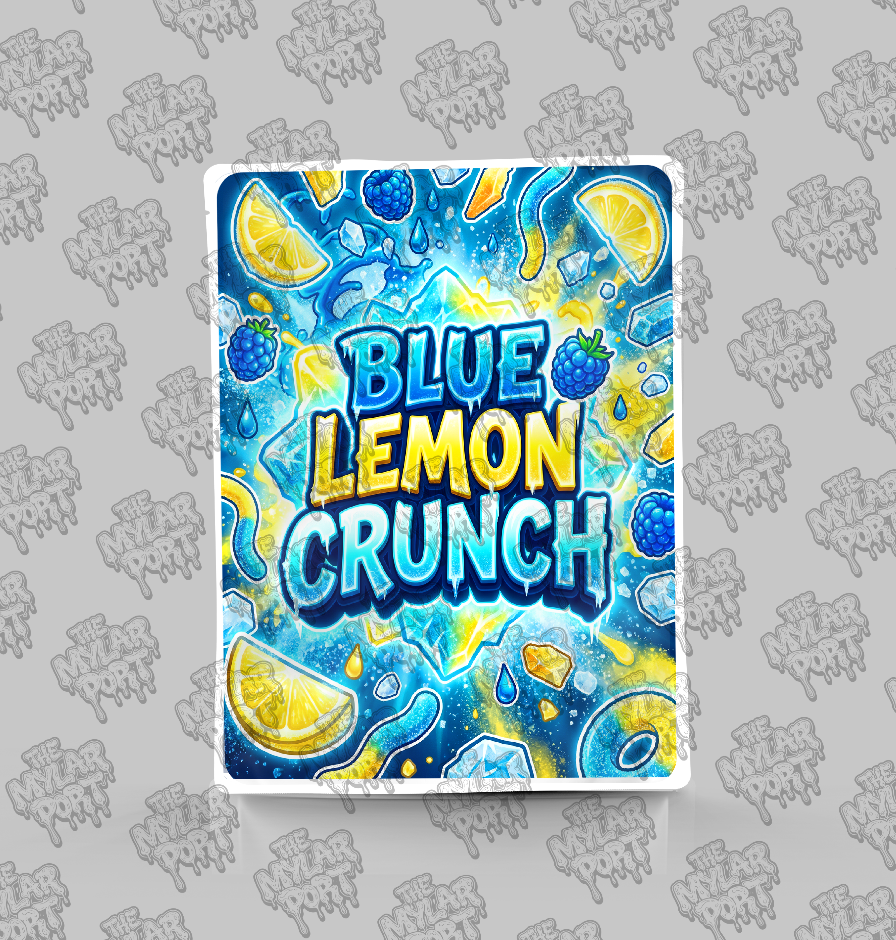 Blue Lemon Crunch premade digital mylar bag design by The Mylar Port