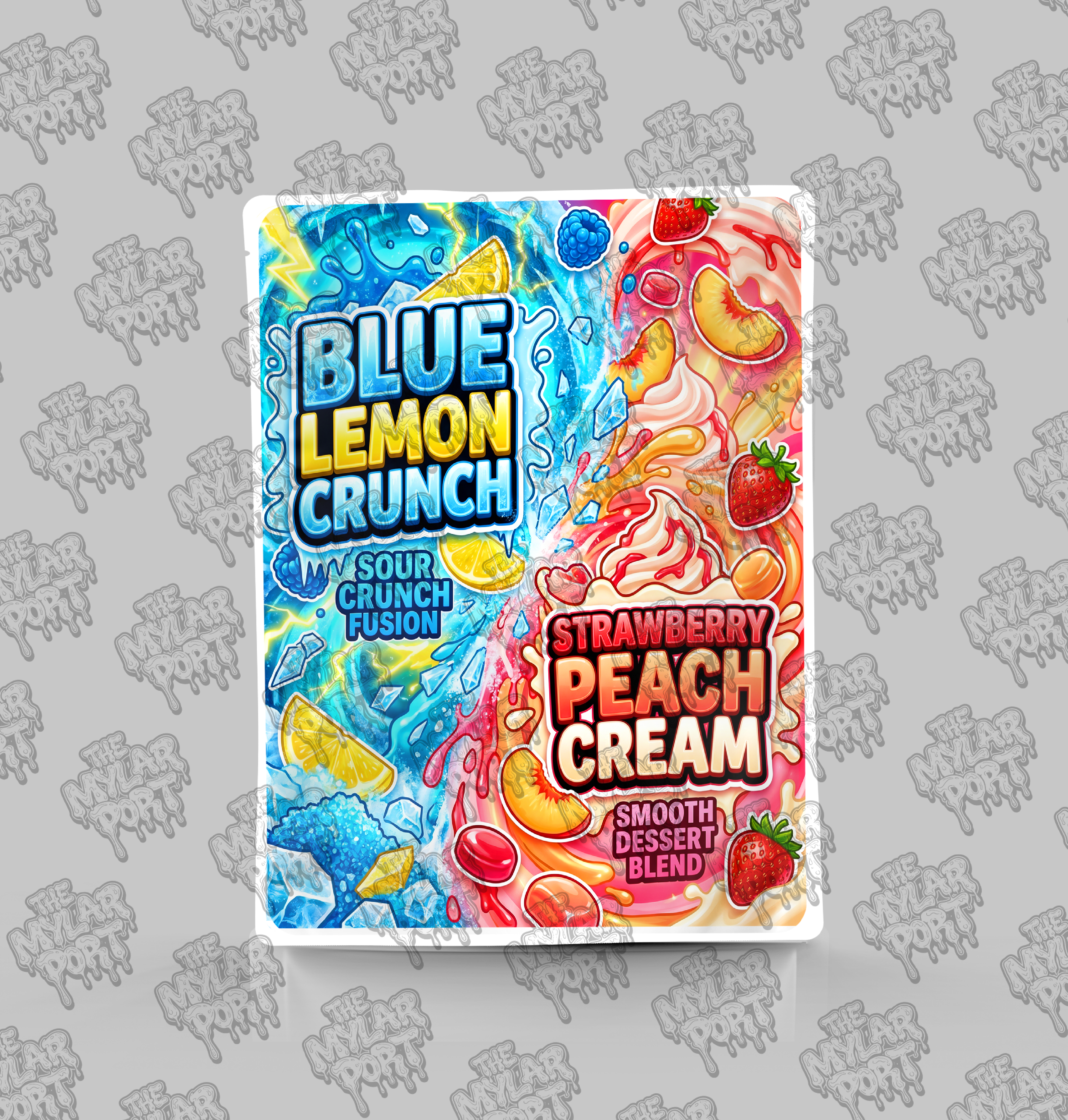 Blue Lemon Crunch x Strawberry Peach Cream premade digital mylar bag design by The Mylar Port