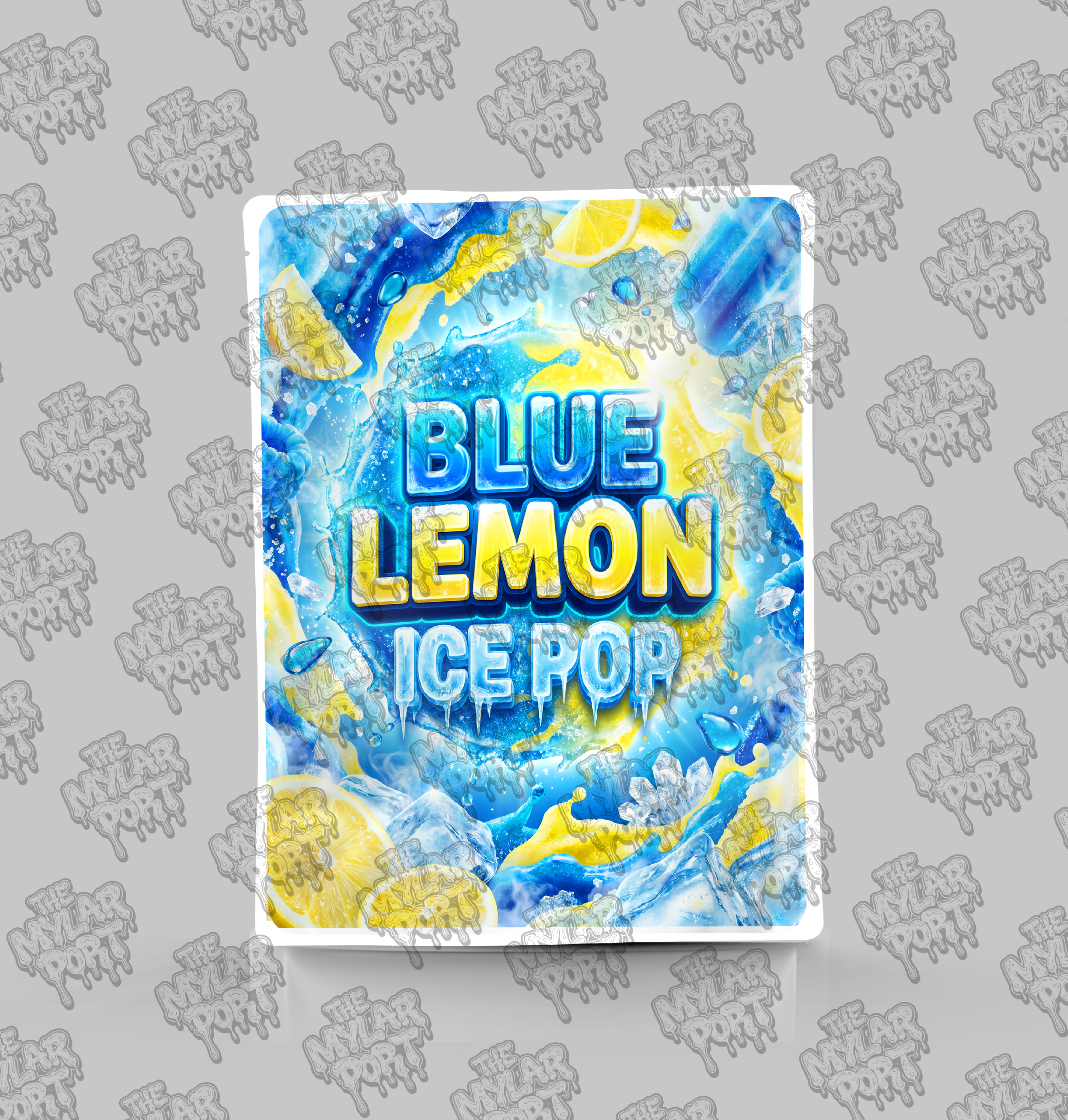 Blue Lemon Ice Pop premade digital mylar bag design by The Mylar Port