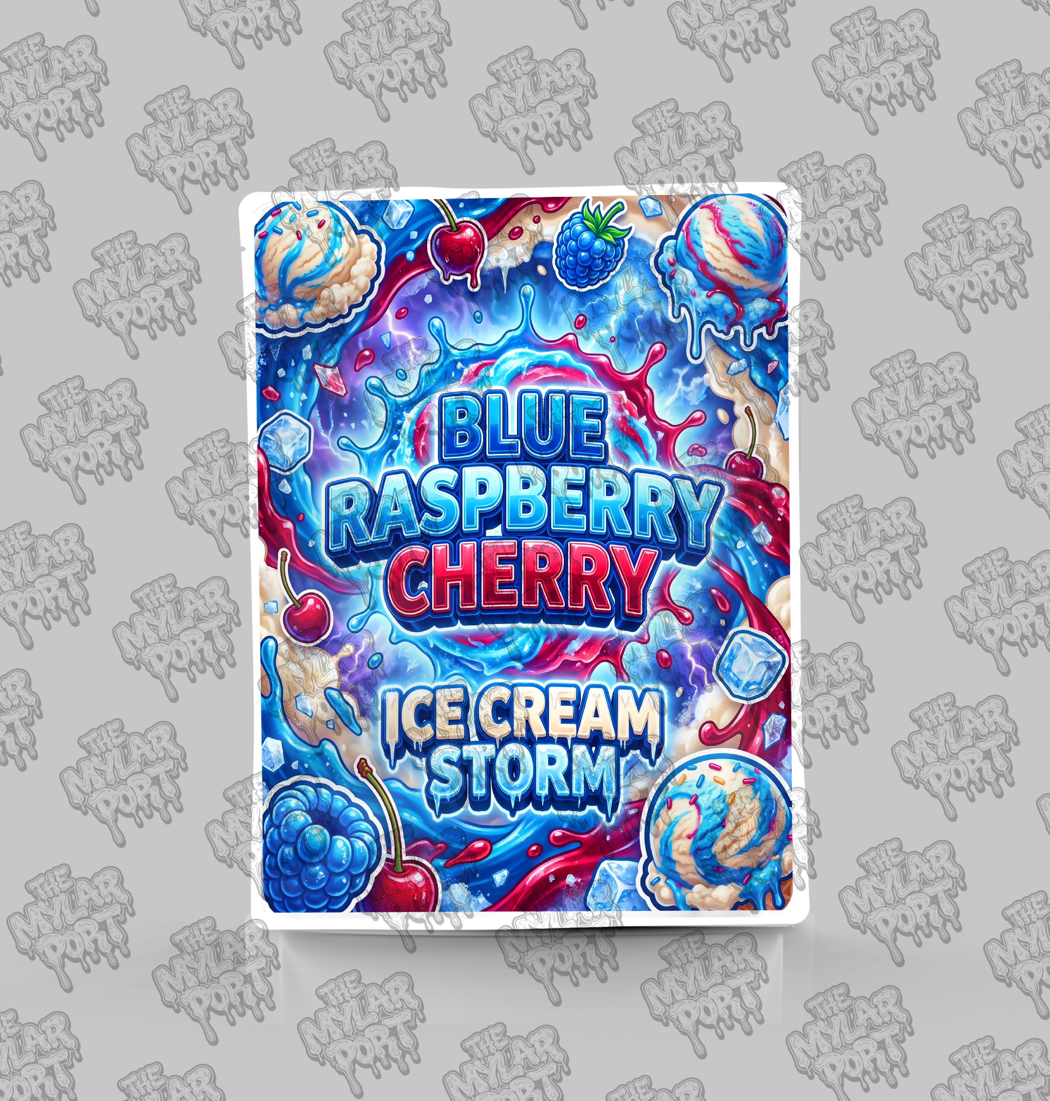 Blue raspberry cherry ice cream storm premade digital mylar bag design by The Mylar Port