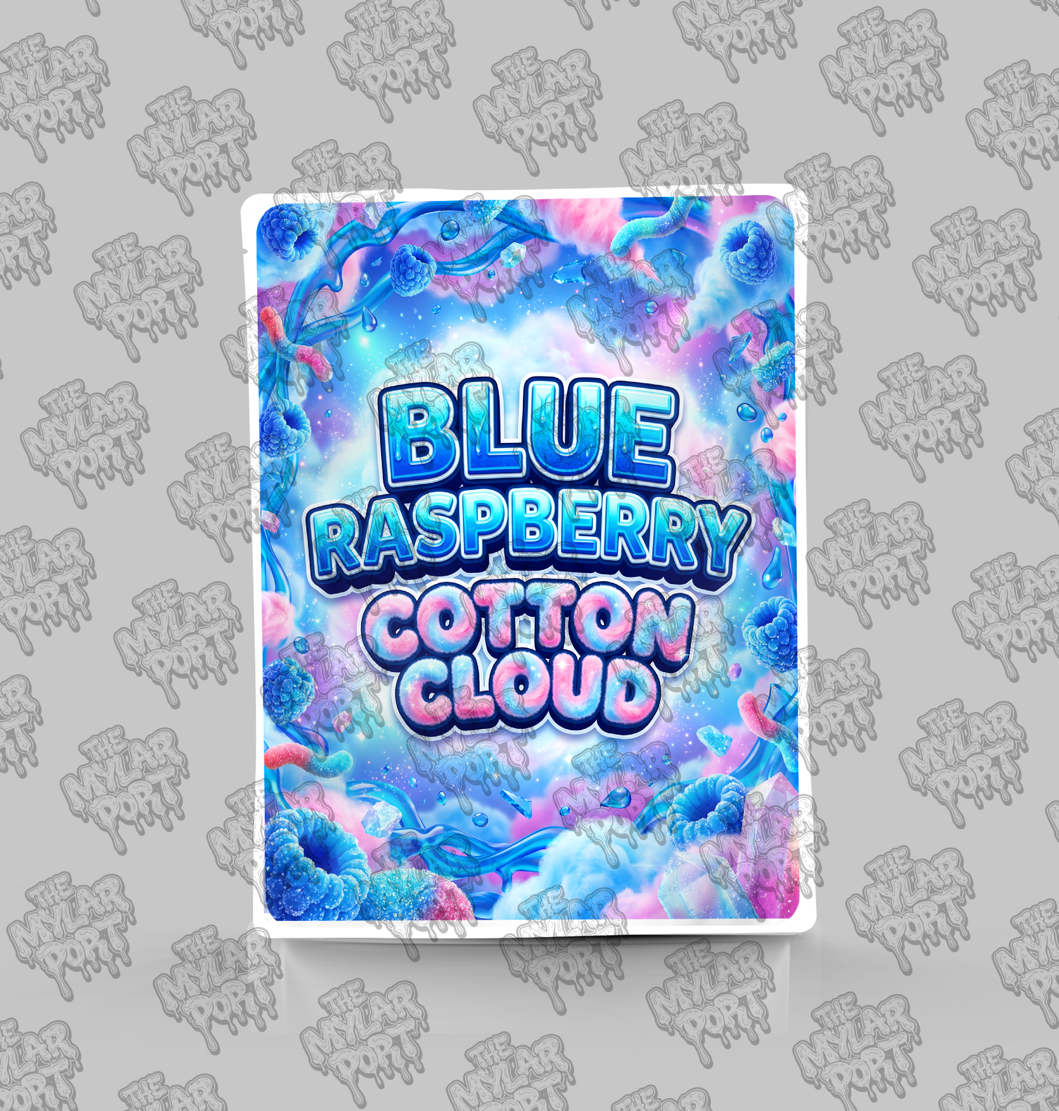 Blue Raspberry Cotton Cloud premade digital mylar bag design by The Mylar Port