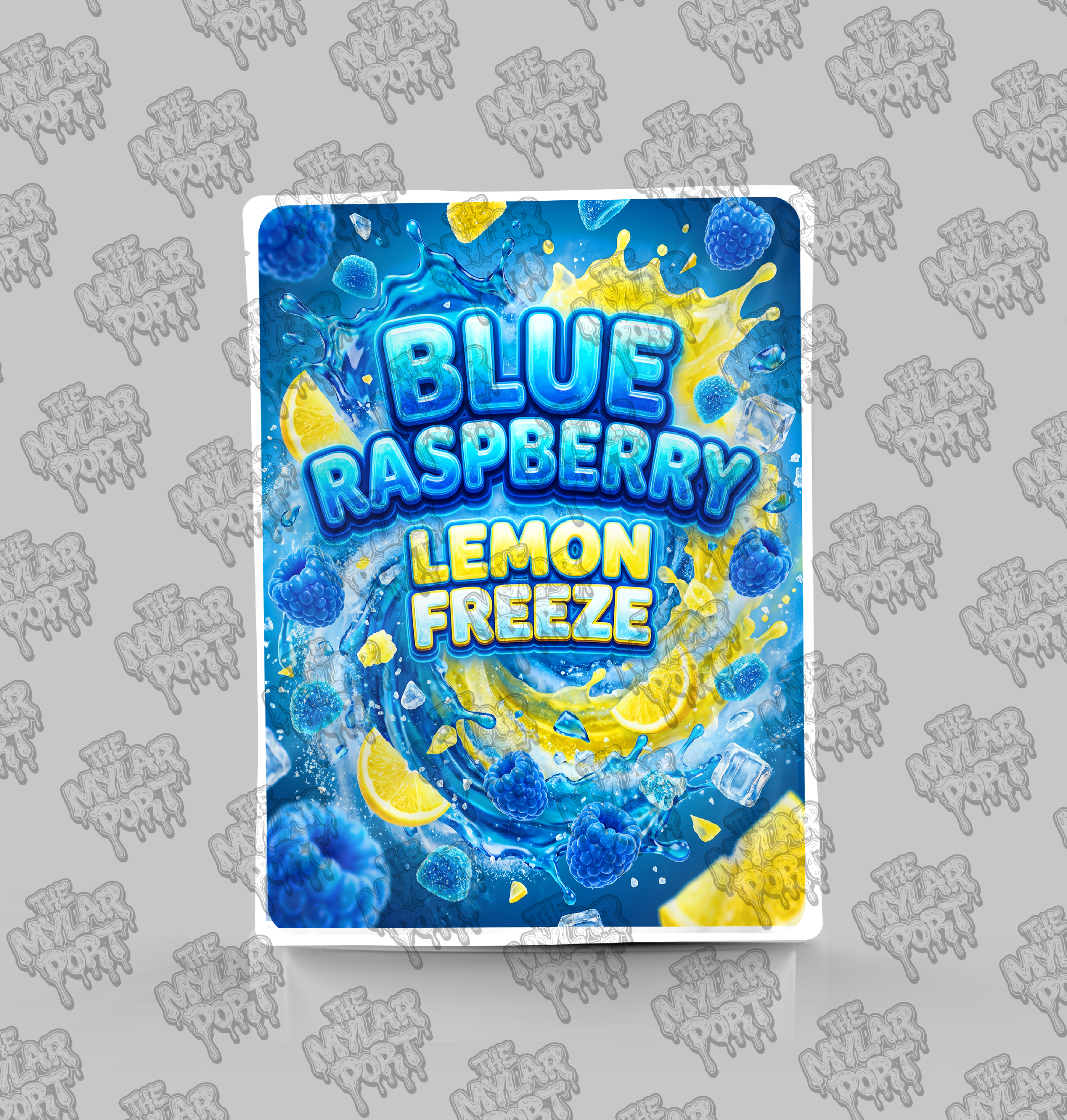 Blue Raspberry Lemon Freeze premade digital mylar bag design by The Mylar Port