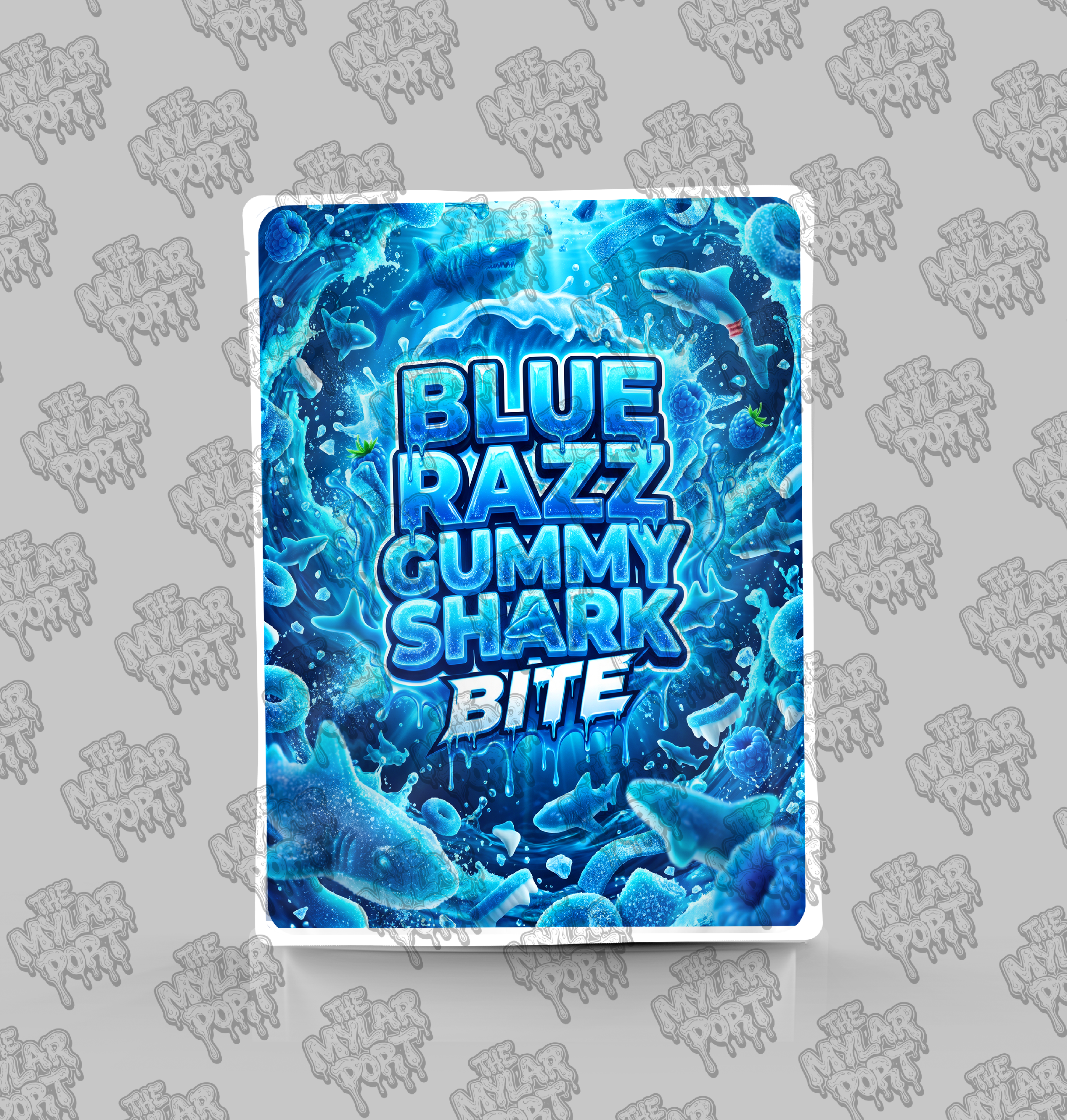 Blue Razz Gummy Shark Bite premade digital mylar bag design by The Mylar Port