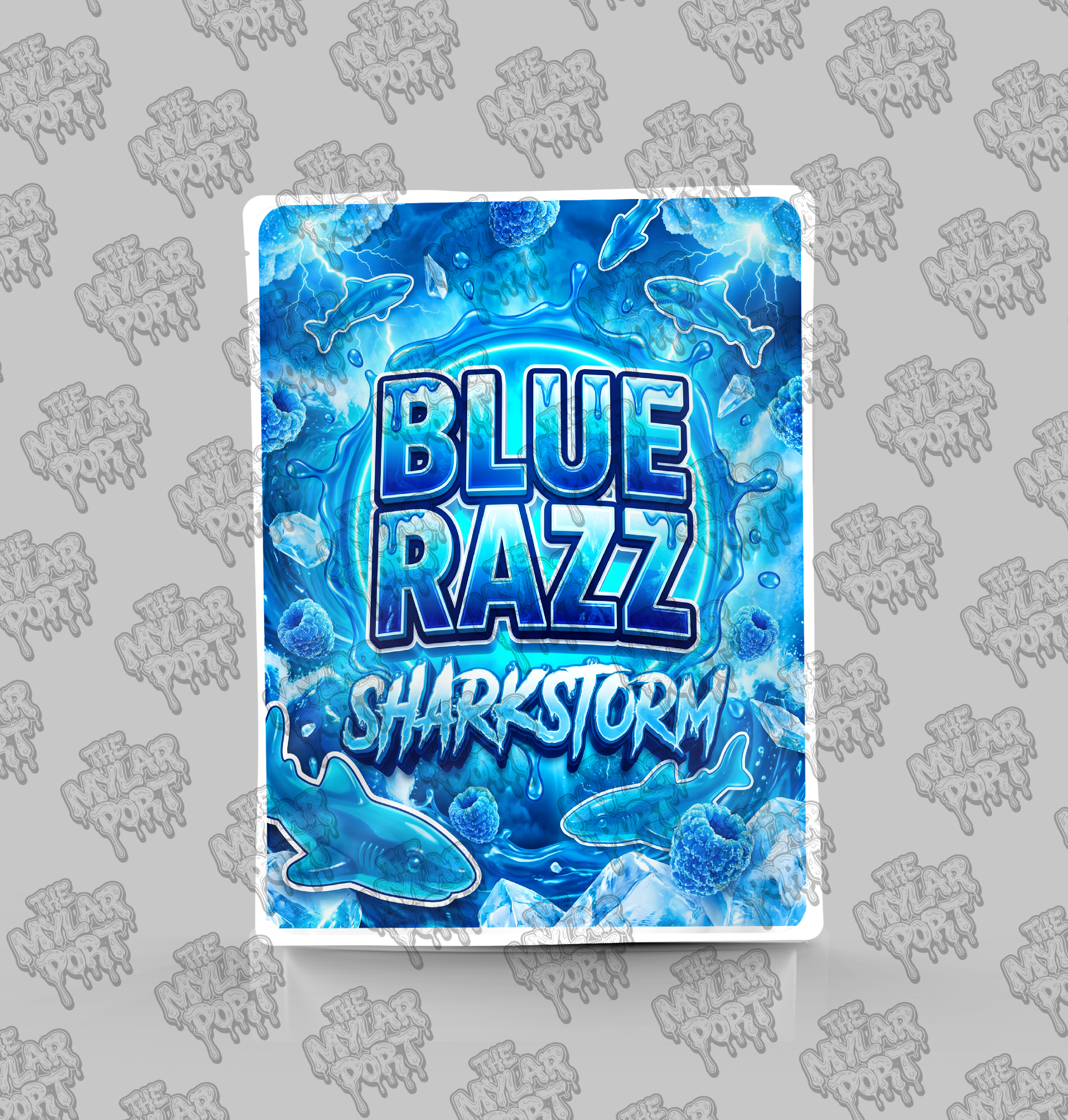 Blue Razz Sharkstorm premade digital mylar bag design by The Mylar Port