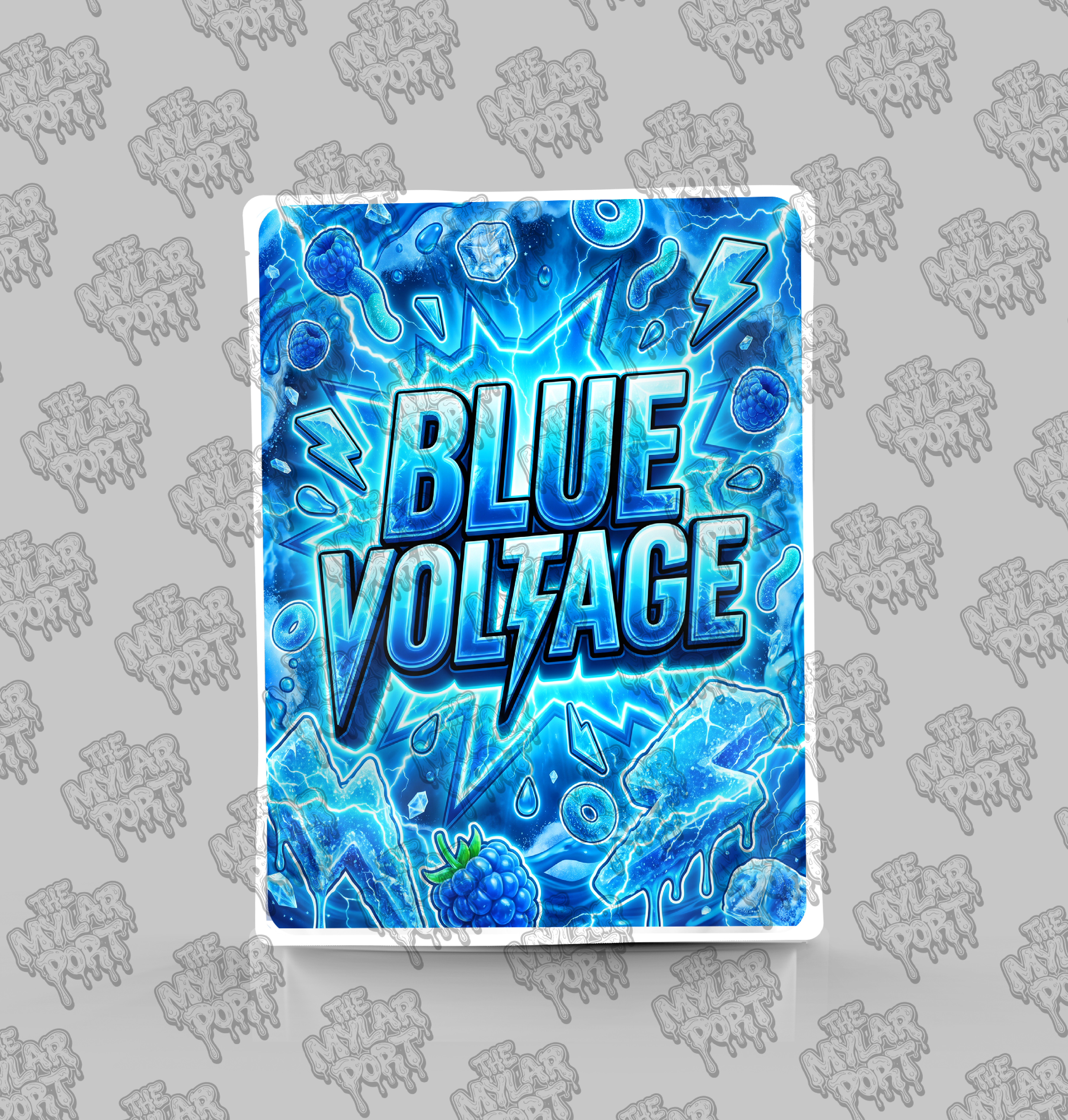 Blue Voltage premade digital mylar bag design by The Mylar Port