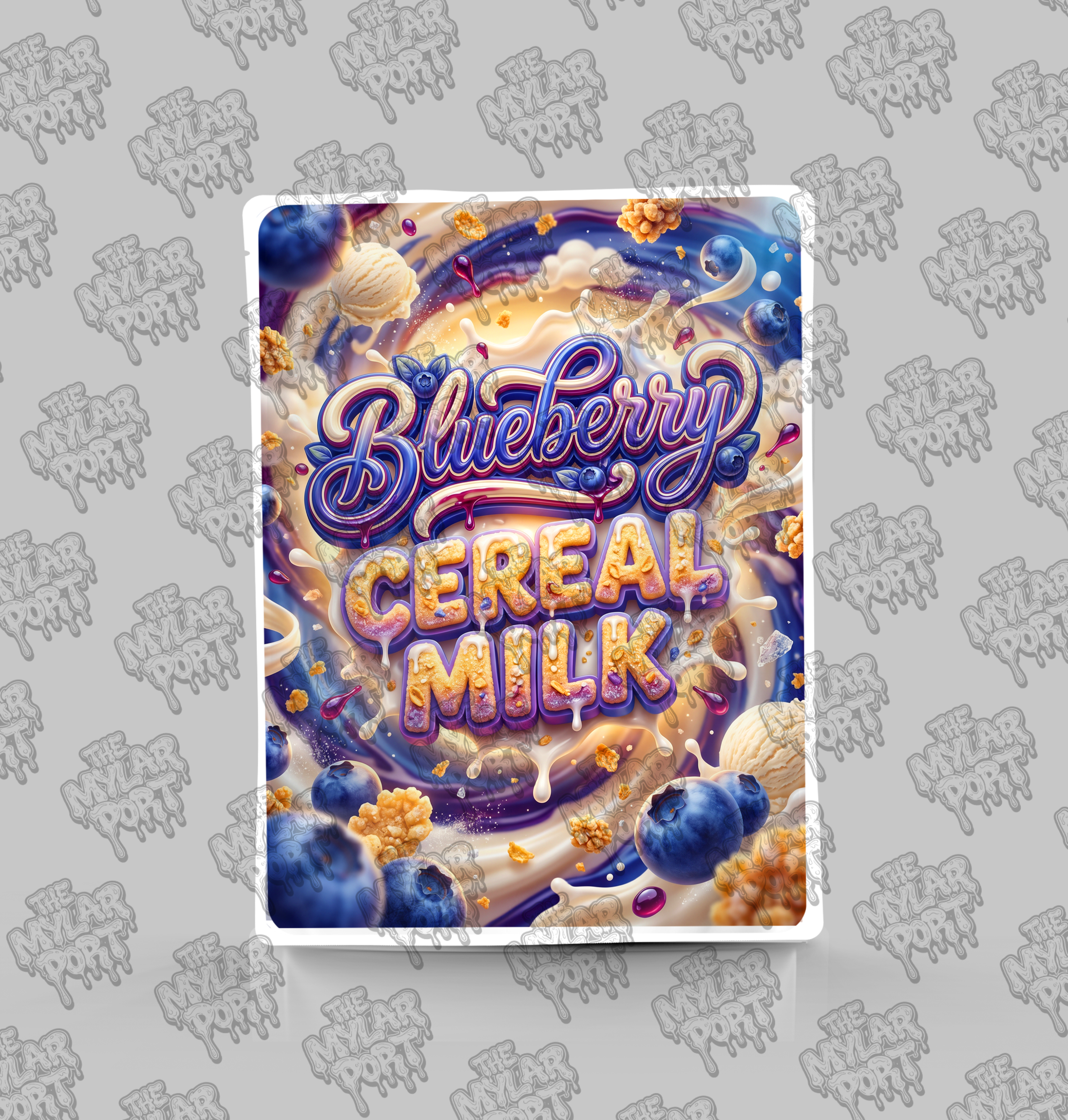 Blueberry Cereal Milk premade digital mylar bag design by The Mylar Port