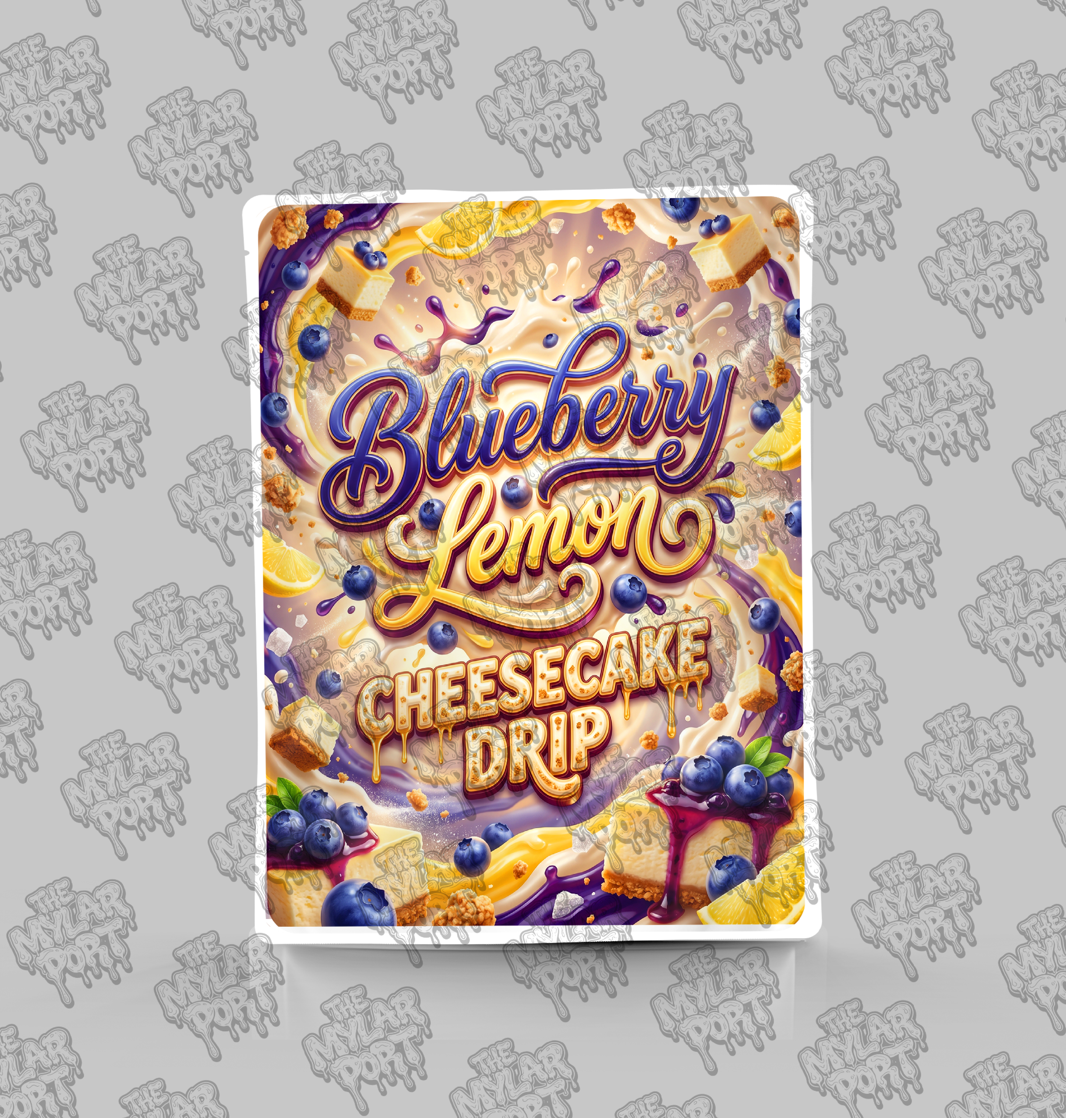 Blueberry Lemon Cheesecake Drip premade digital mylar bag design by The Mylar Port