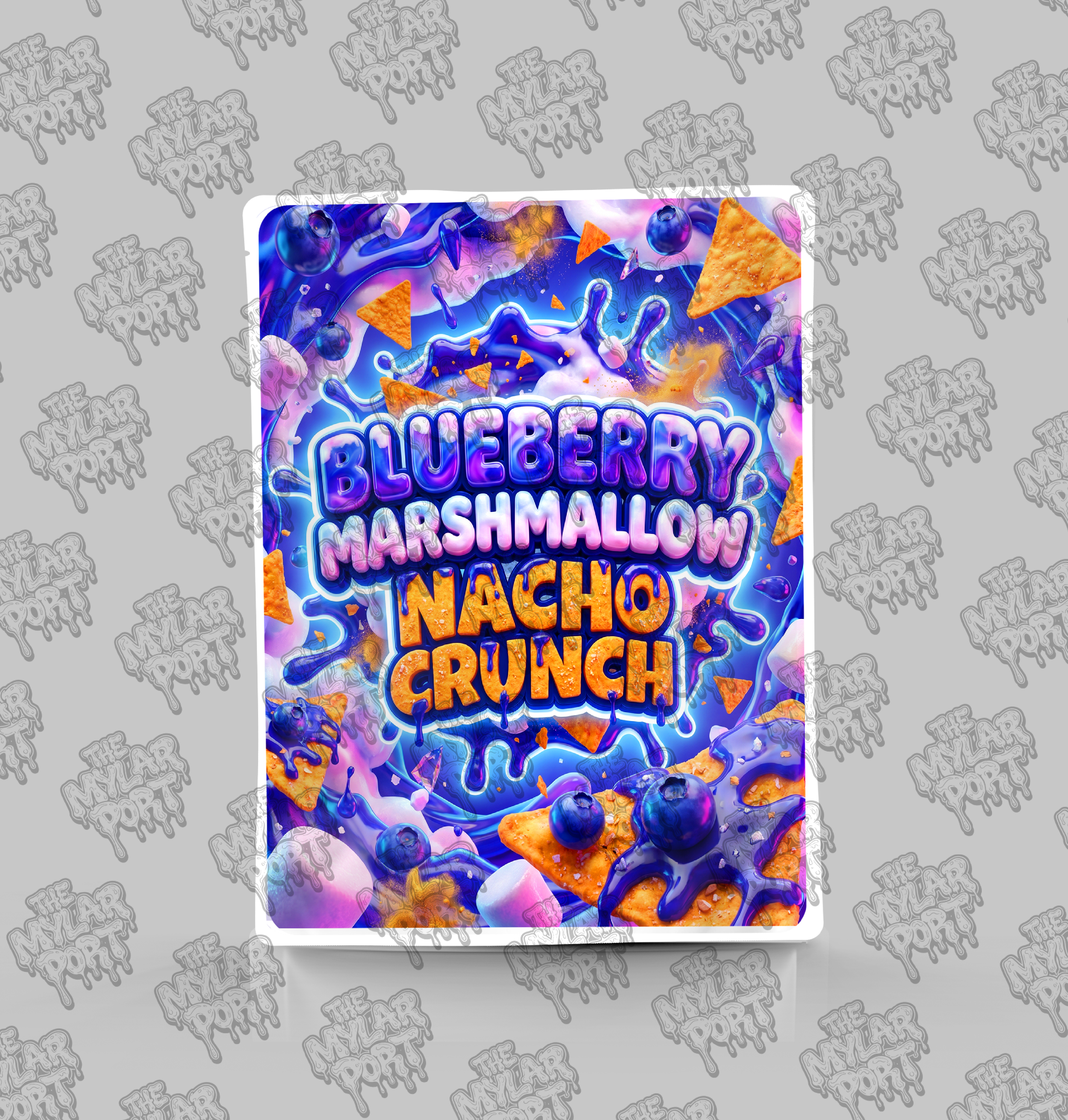 Blueberry Marshmallow Nacho Crunch premade digital mylar bag design by The Mylar Port