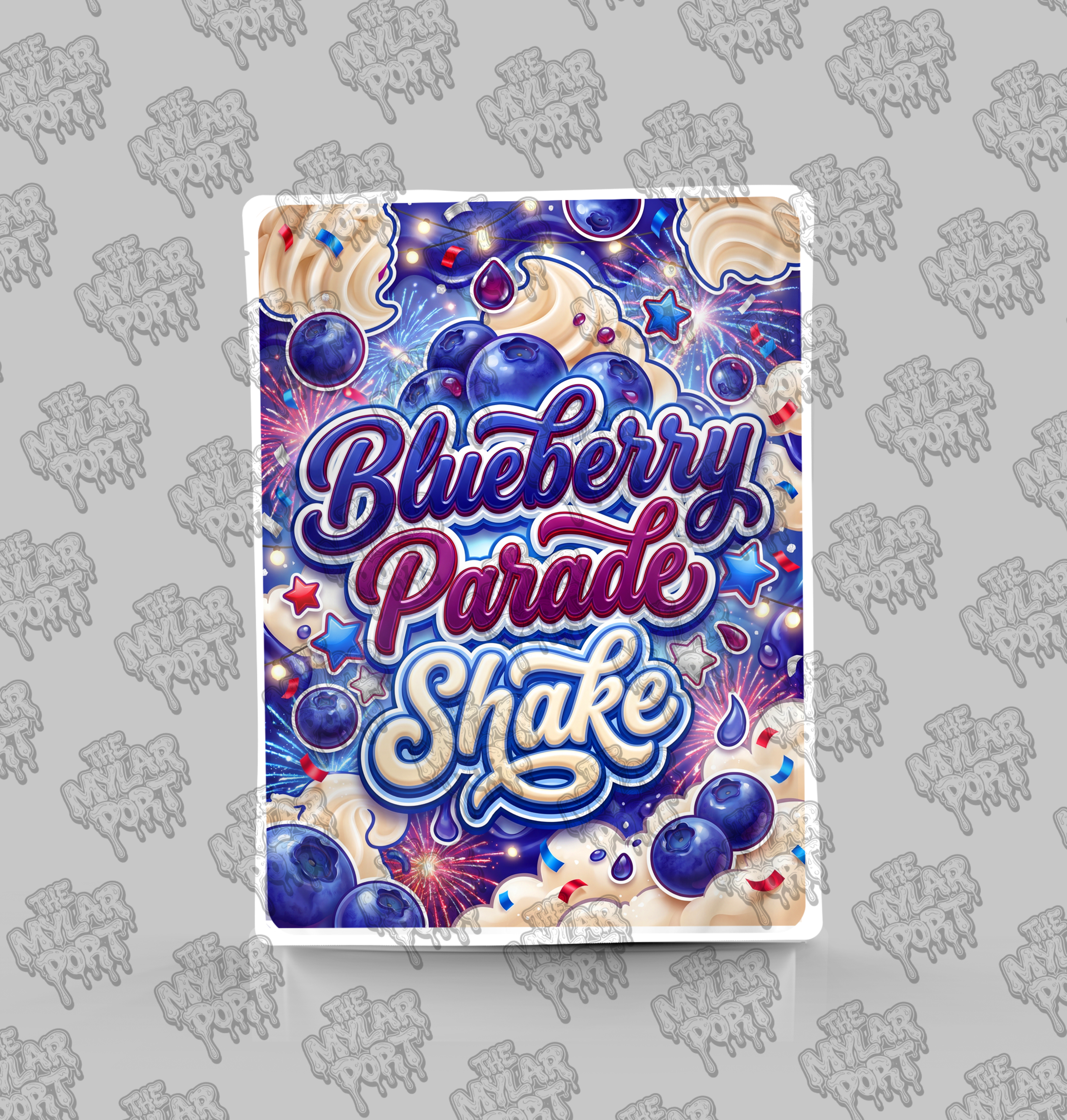 Blueberry Parade Shake premade digital mylar bag design by The Mylar Port