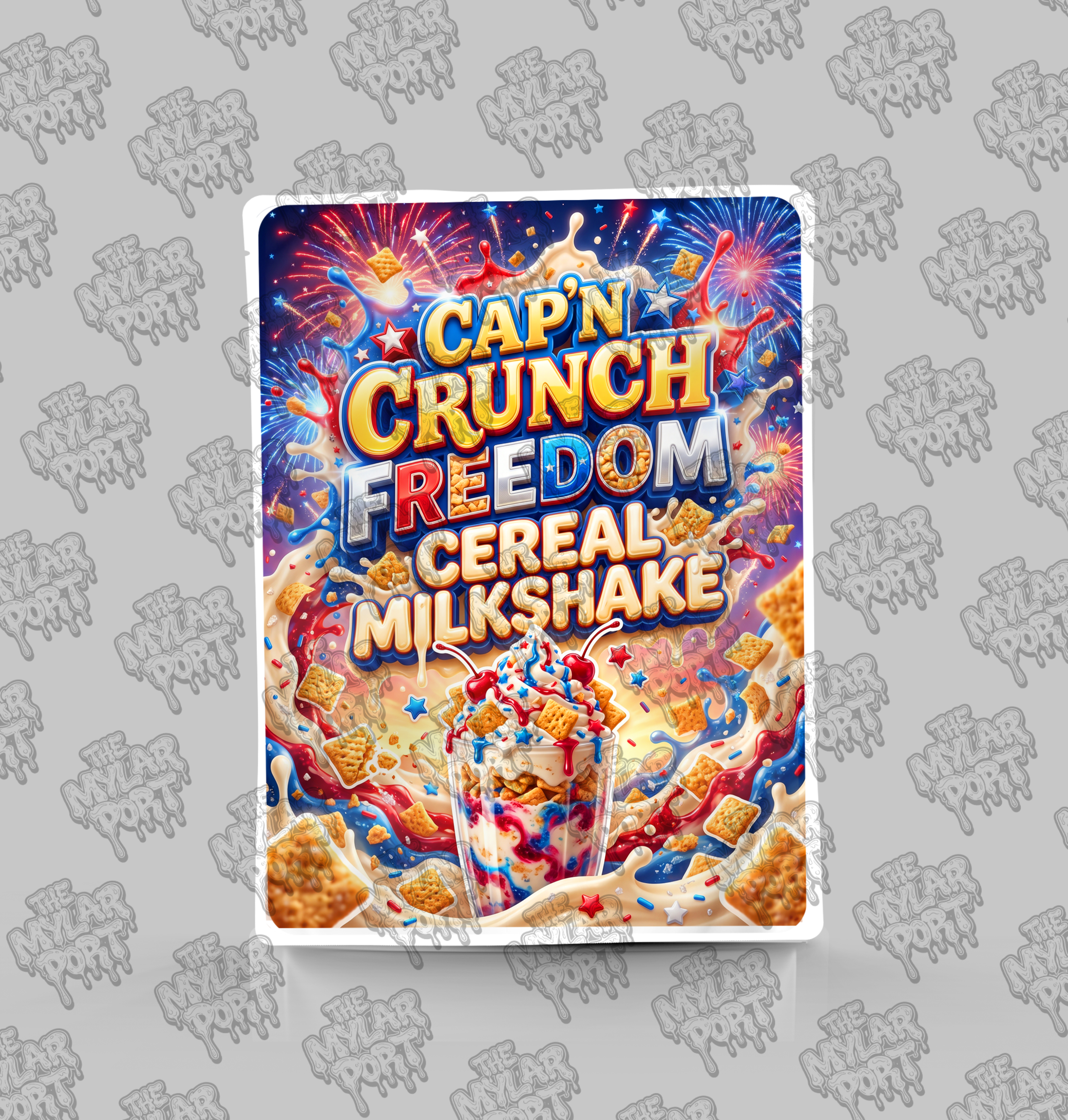 Capn Crunch Freedom Cereal Milkshake premade digital mylar bag design by The Mylar Port