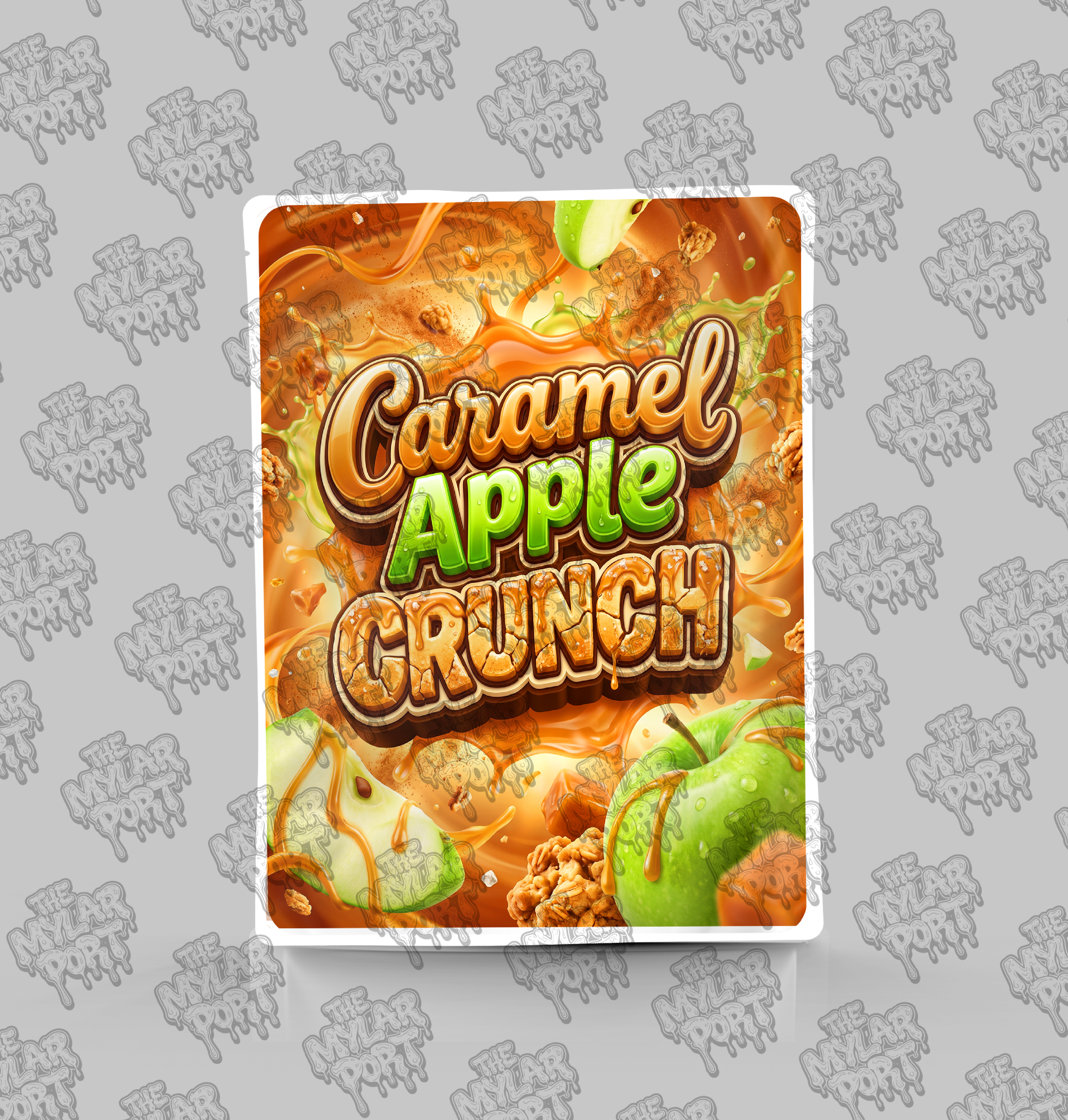 Caramel Apple Crunch premade digital mylar bag design by The Mylar Port
