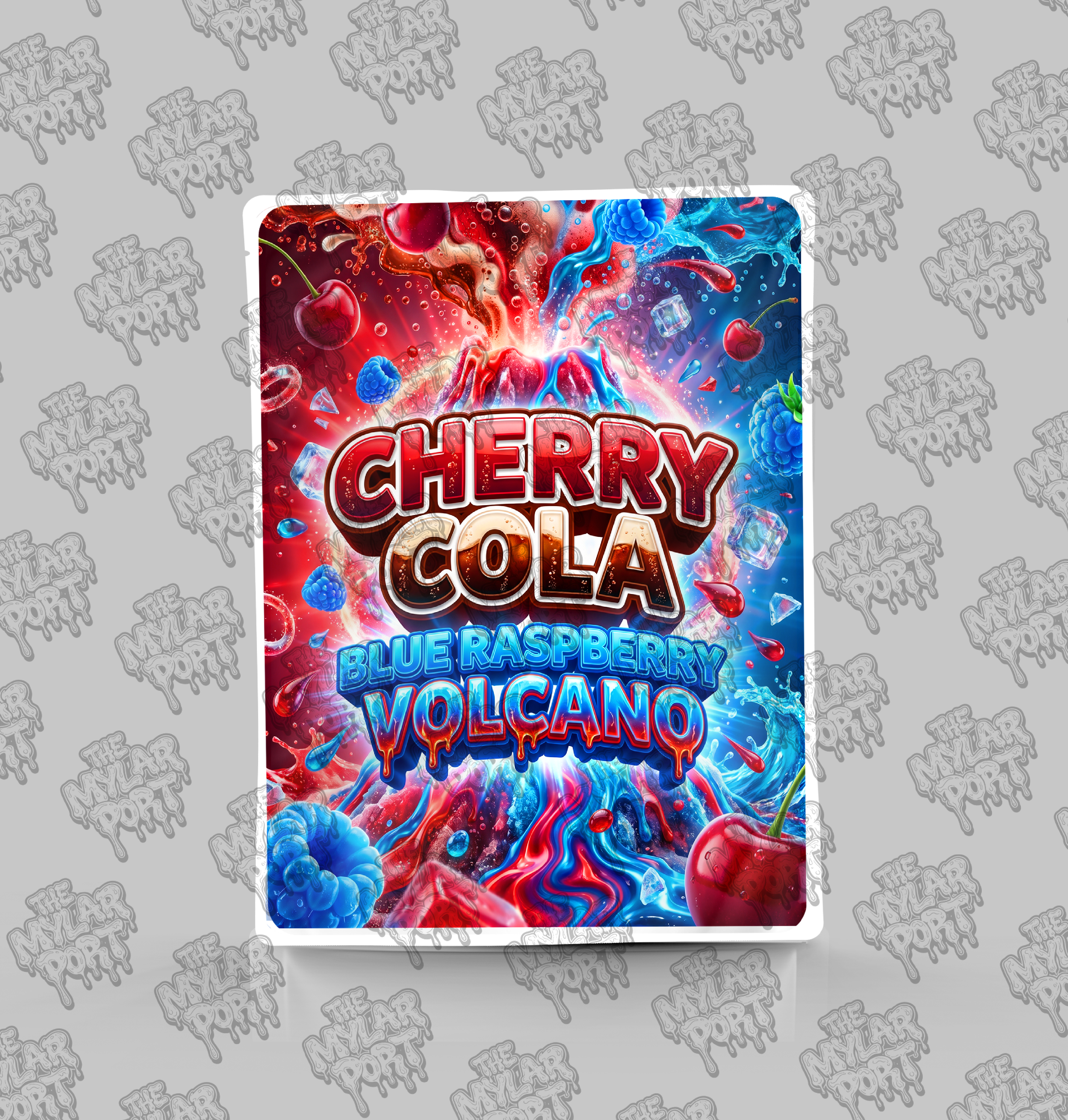 Cherry Cola Blue Raspberry Volcano premade digital mylar bag design by The Mylar Port
