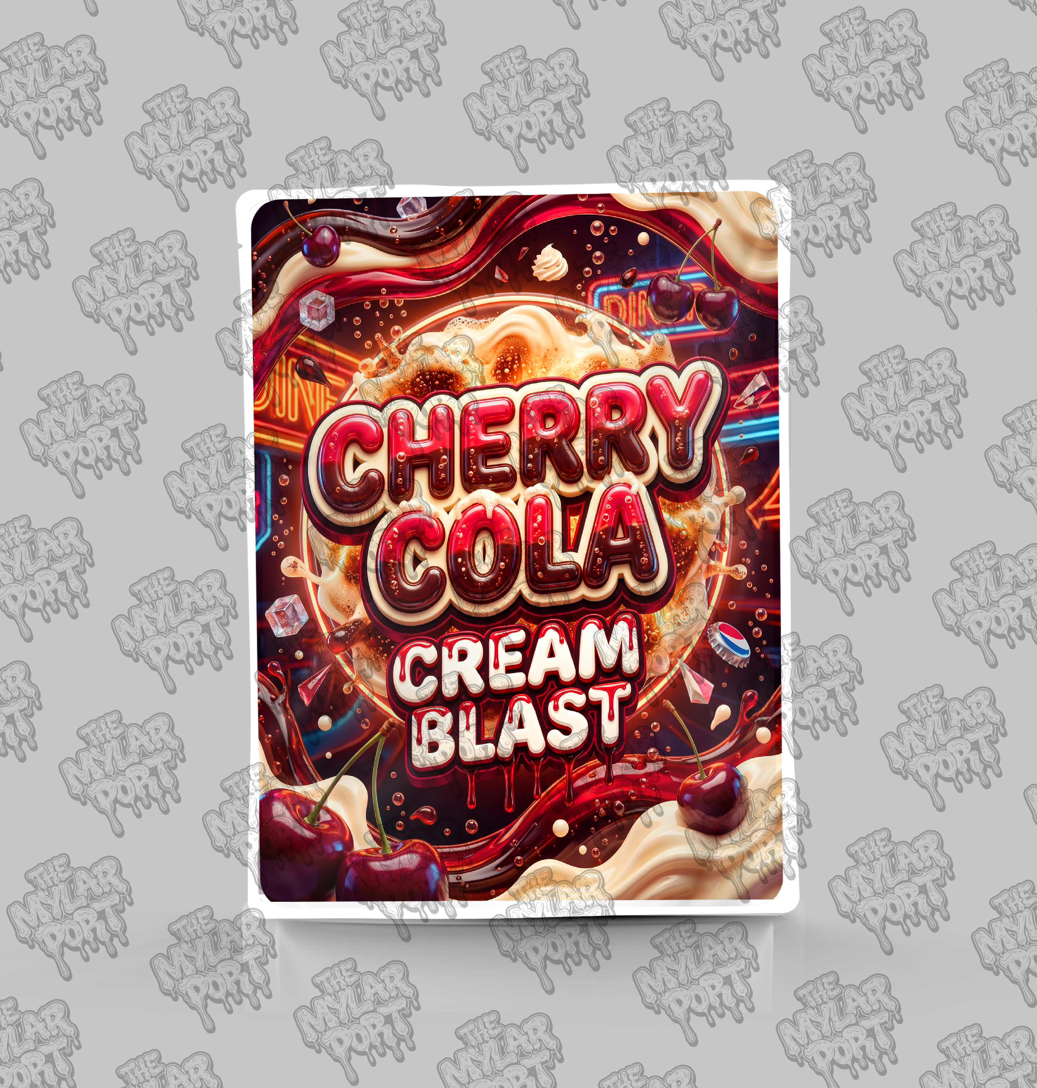 Cherry Cola Cream Blast premade digital mylar bag design by The Mylar Port