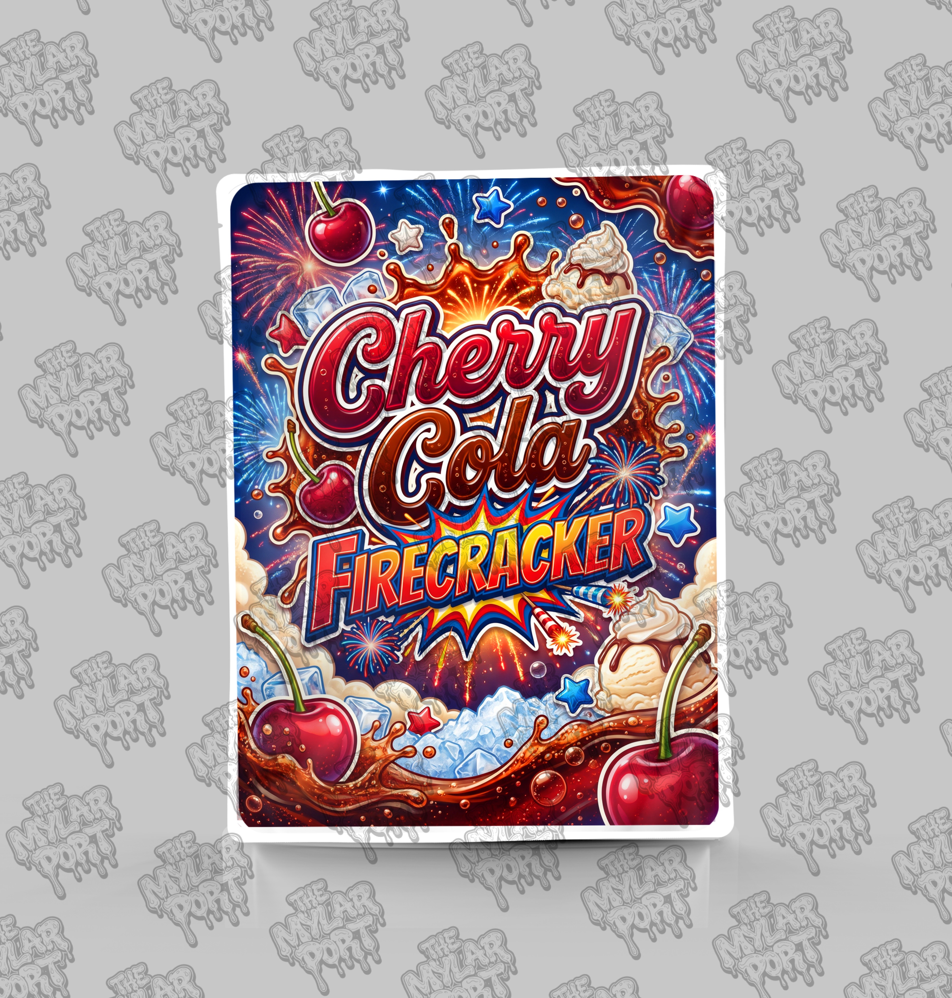 Cherry Cola Firecracker premade digital mylar bag design by The Mylar Port
