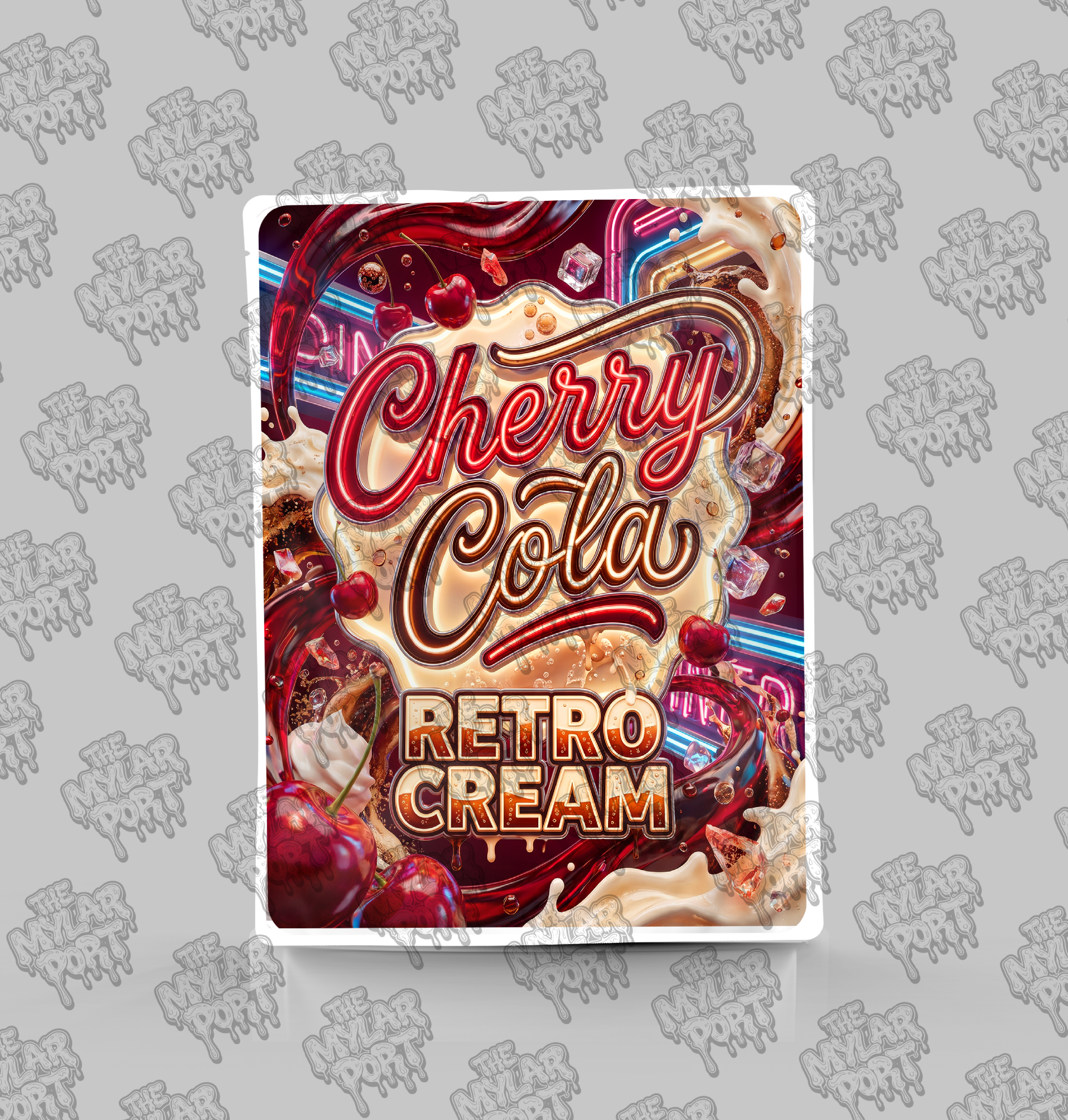 Cherry Cola Retro Cream premade digital mylar bag design by The Mylar Port