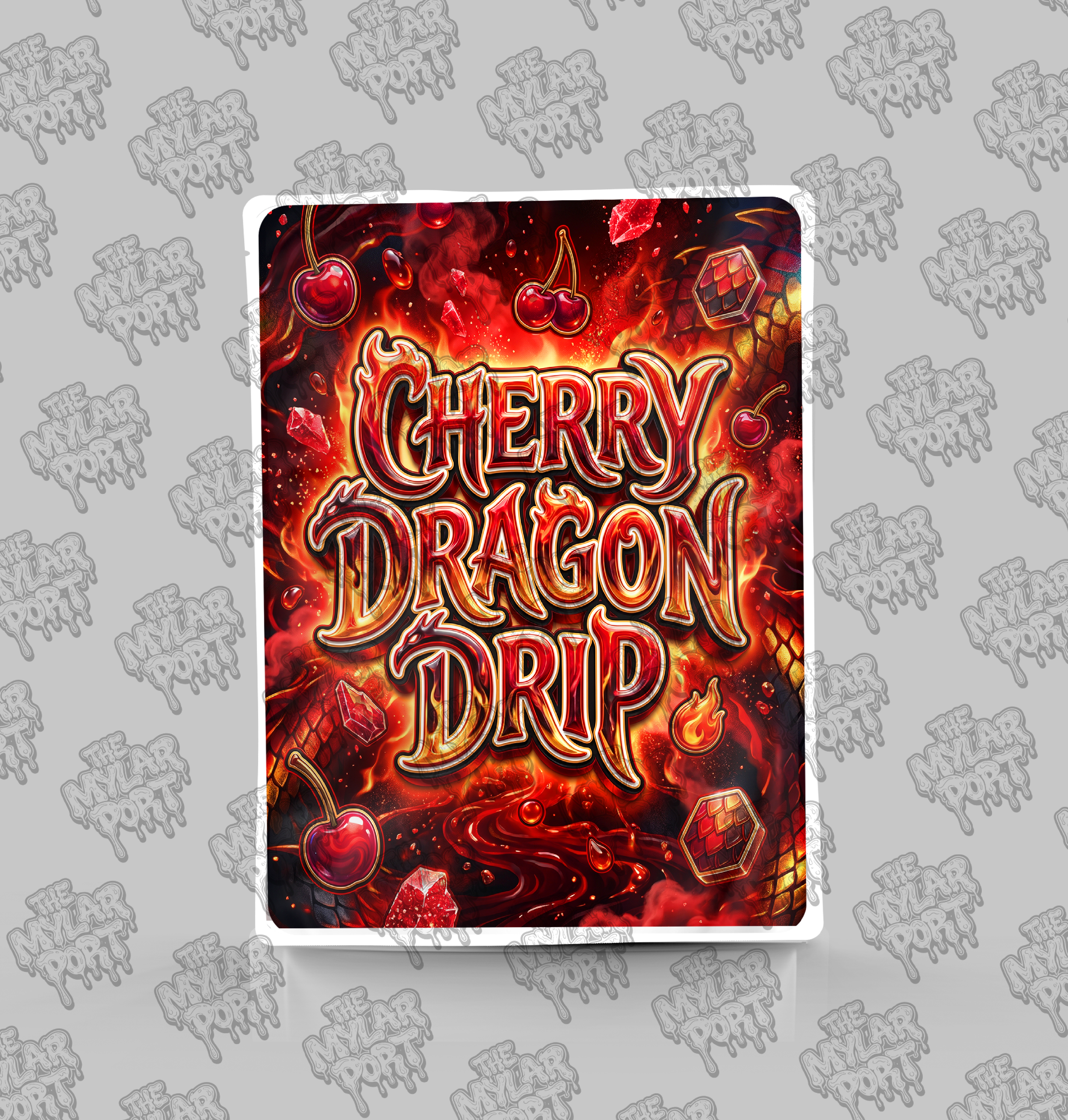 Cherry Dragon Drip premade digital mylar bag design by The Mylar Port
