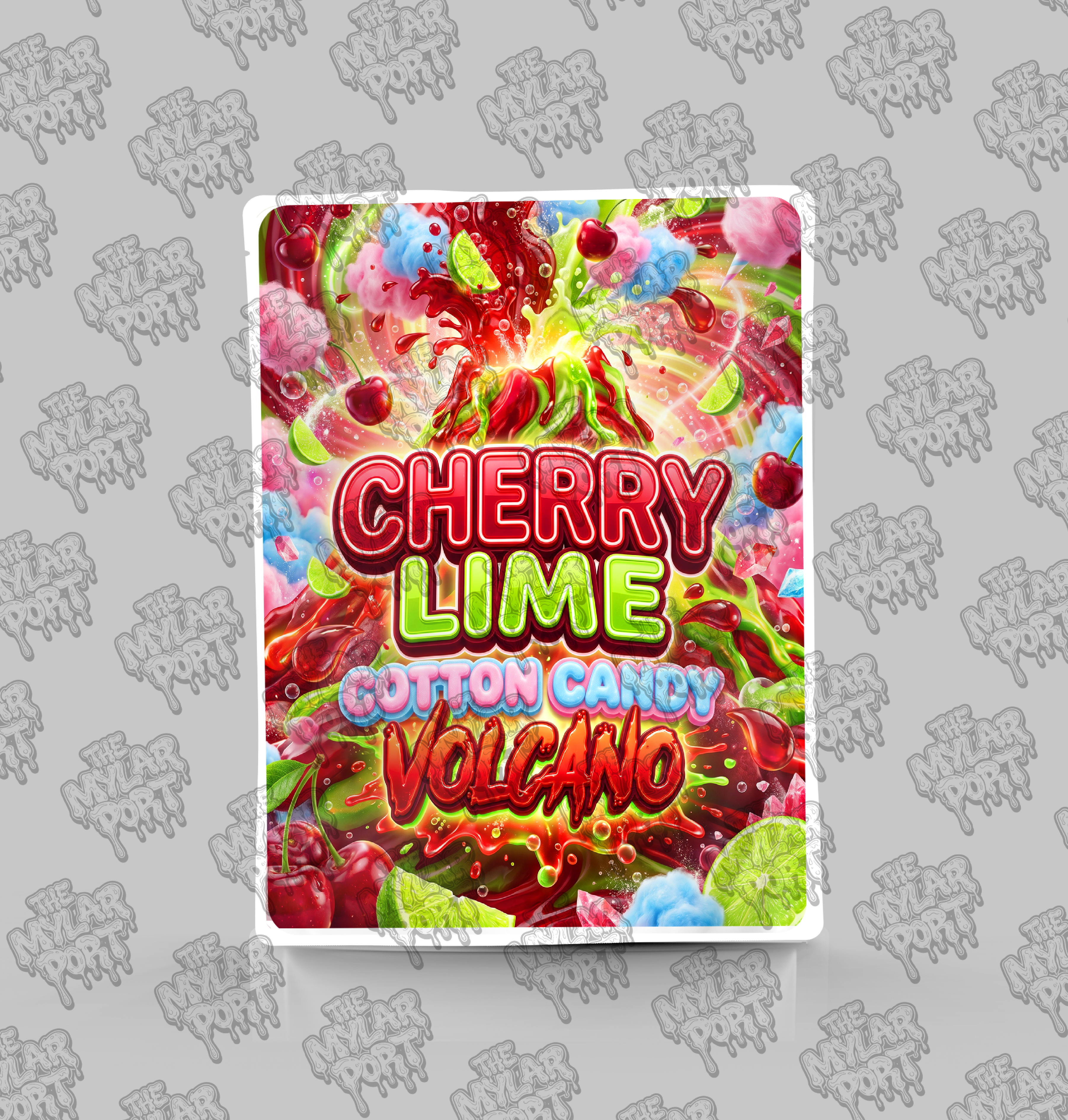 Cherry Lime Cotton Candy Volcano premade digital mylar bag design by The Mylar Port
