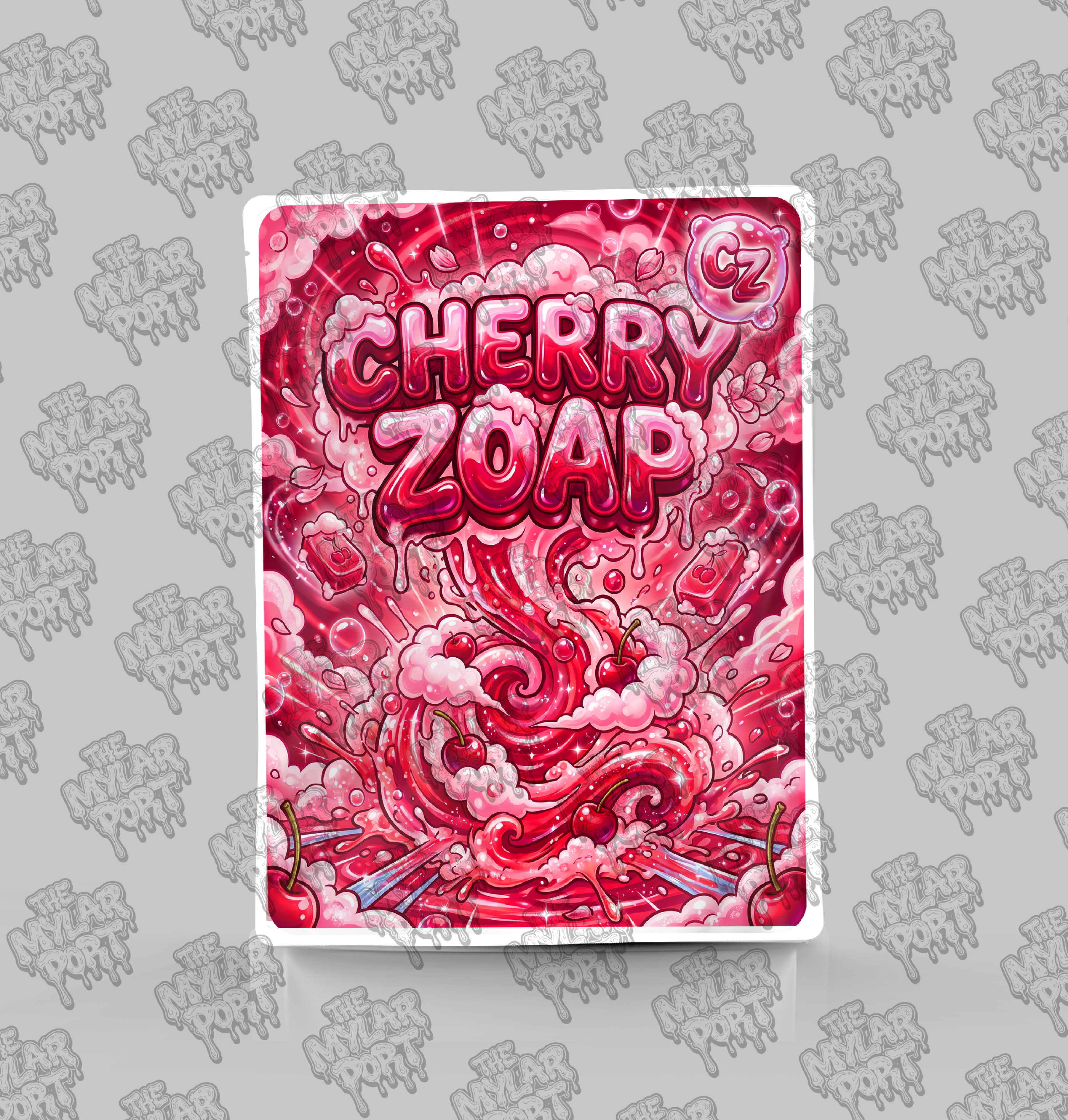 Cherry Zoap premade digital mylar bag design by The Mylar Port