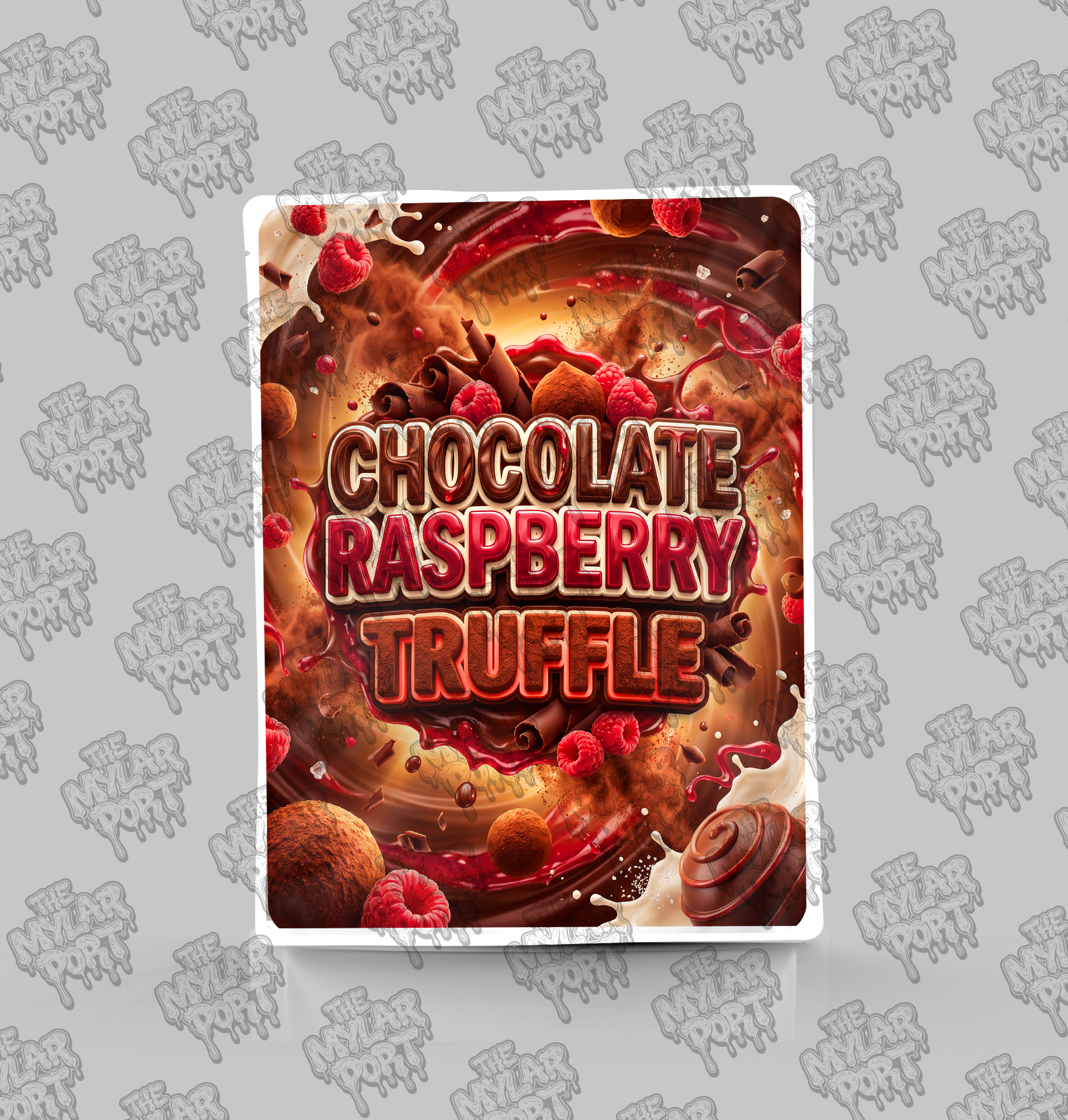 Chocolate Raspberry Truffle premade digital mylar bag design by The Mylar Port