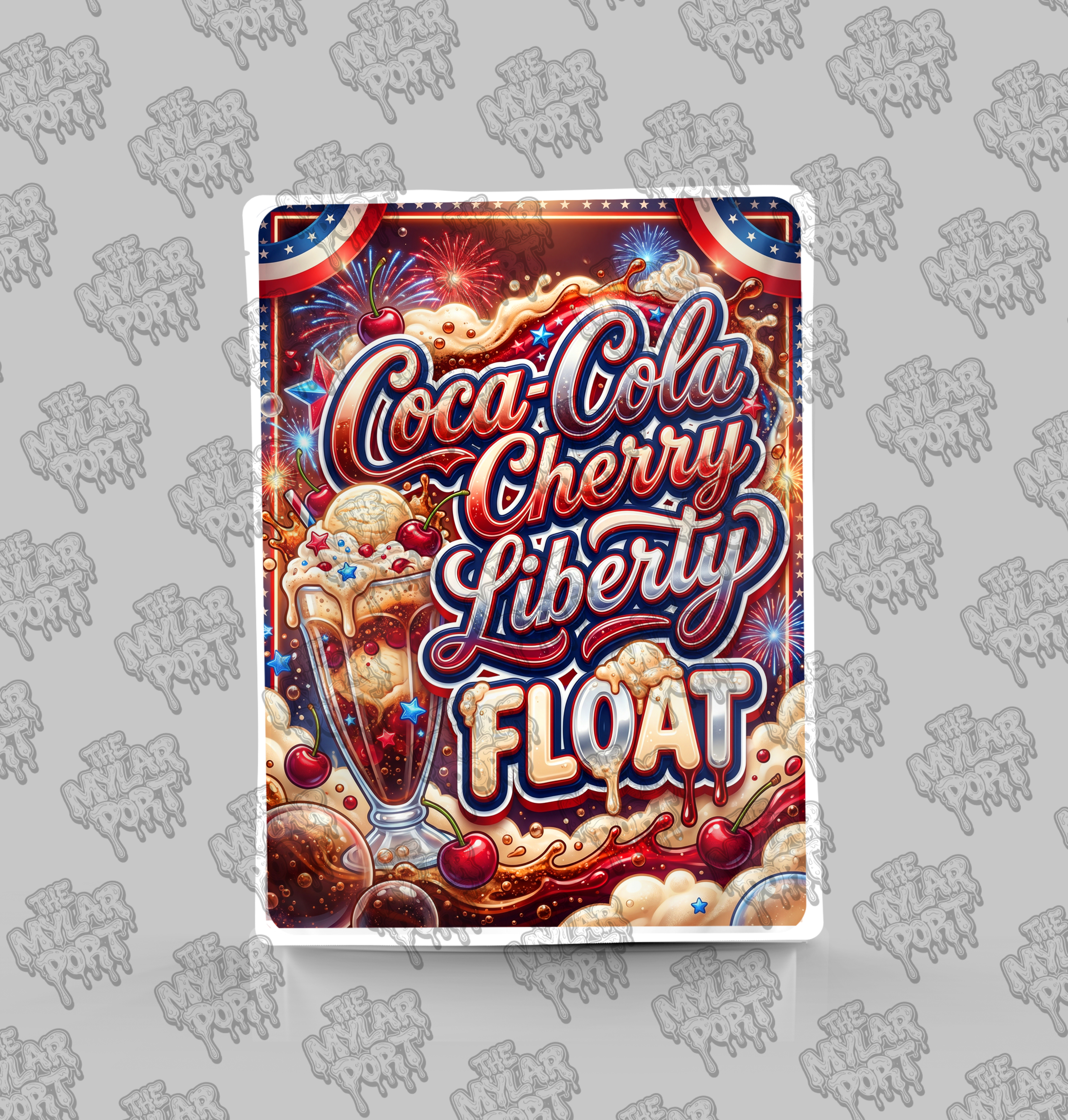 Coca Cola Cherry Liberty Float premade digital mylar bag design by The Mylar Port