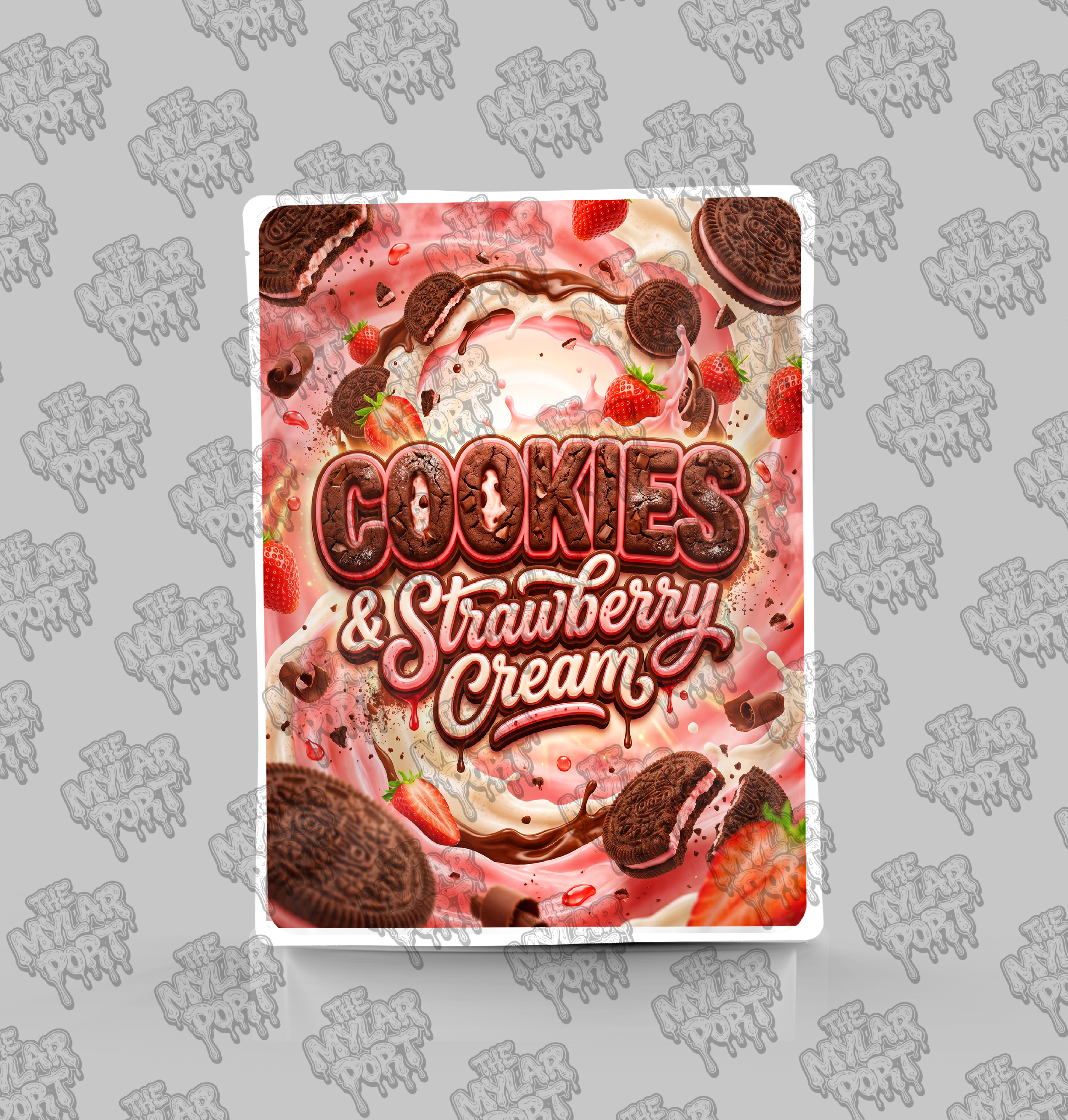 Cookies and Strawberry Cream premade digital mylar bag design by The Mylar Port