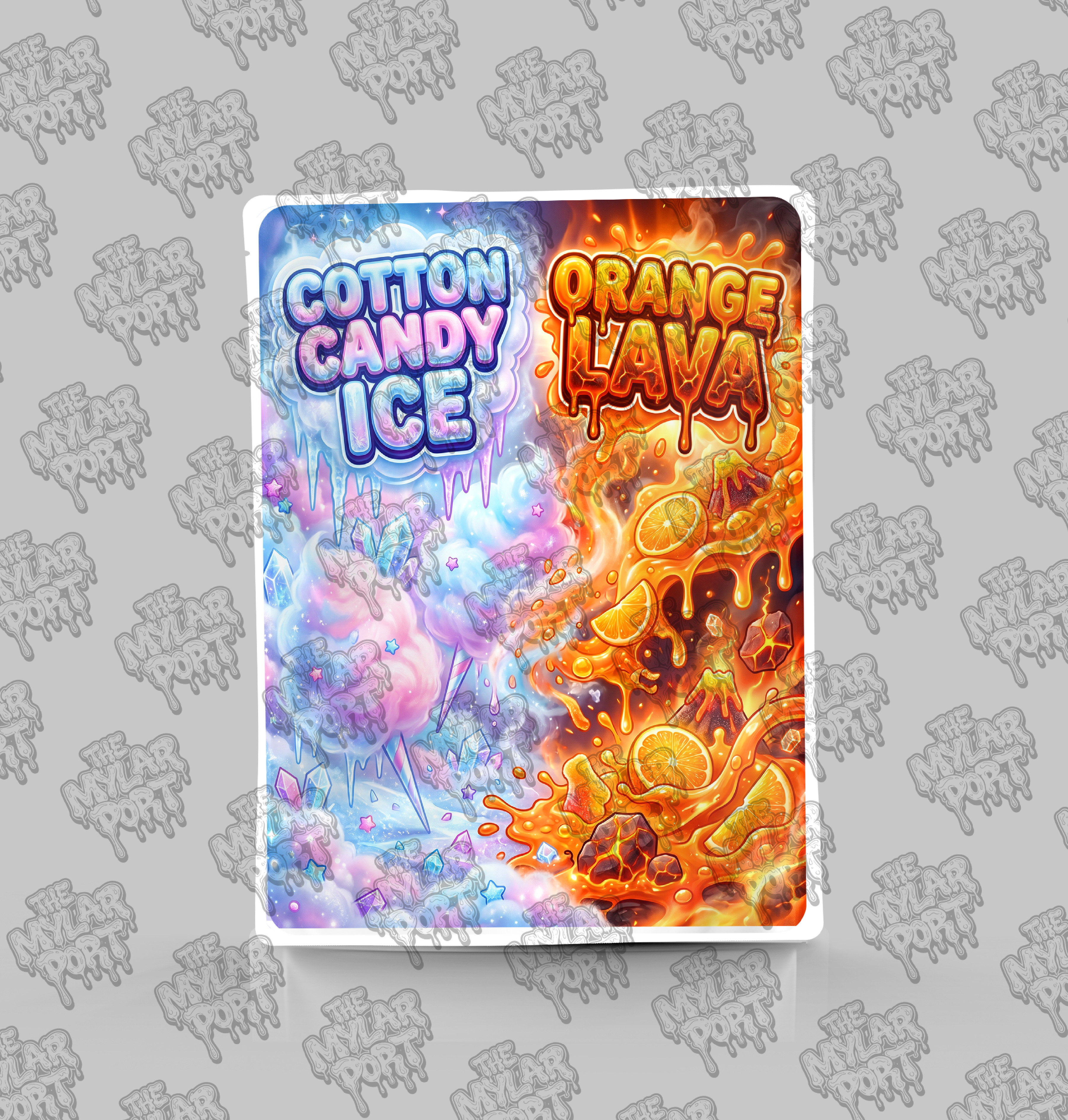 Cotton Candy Ice x Orange Lava premade digital mylar bag design by The Mylar Port