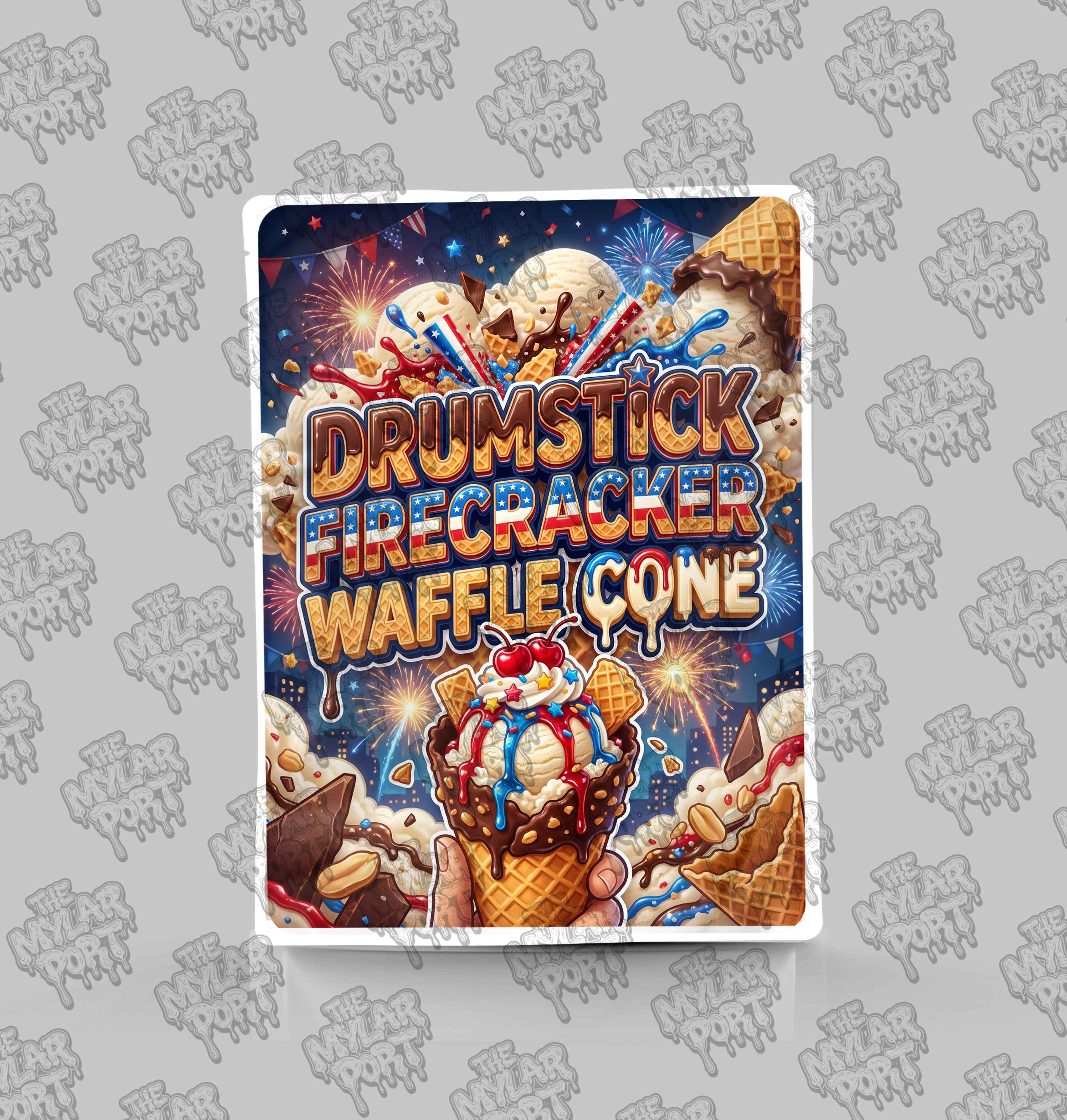 Drumstick Firecracker Waffle Cone premade digital mylar bag design by The Mylar Port