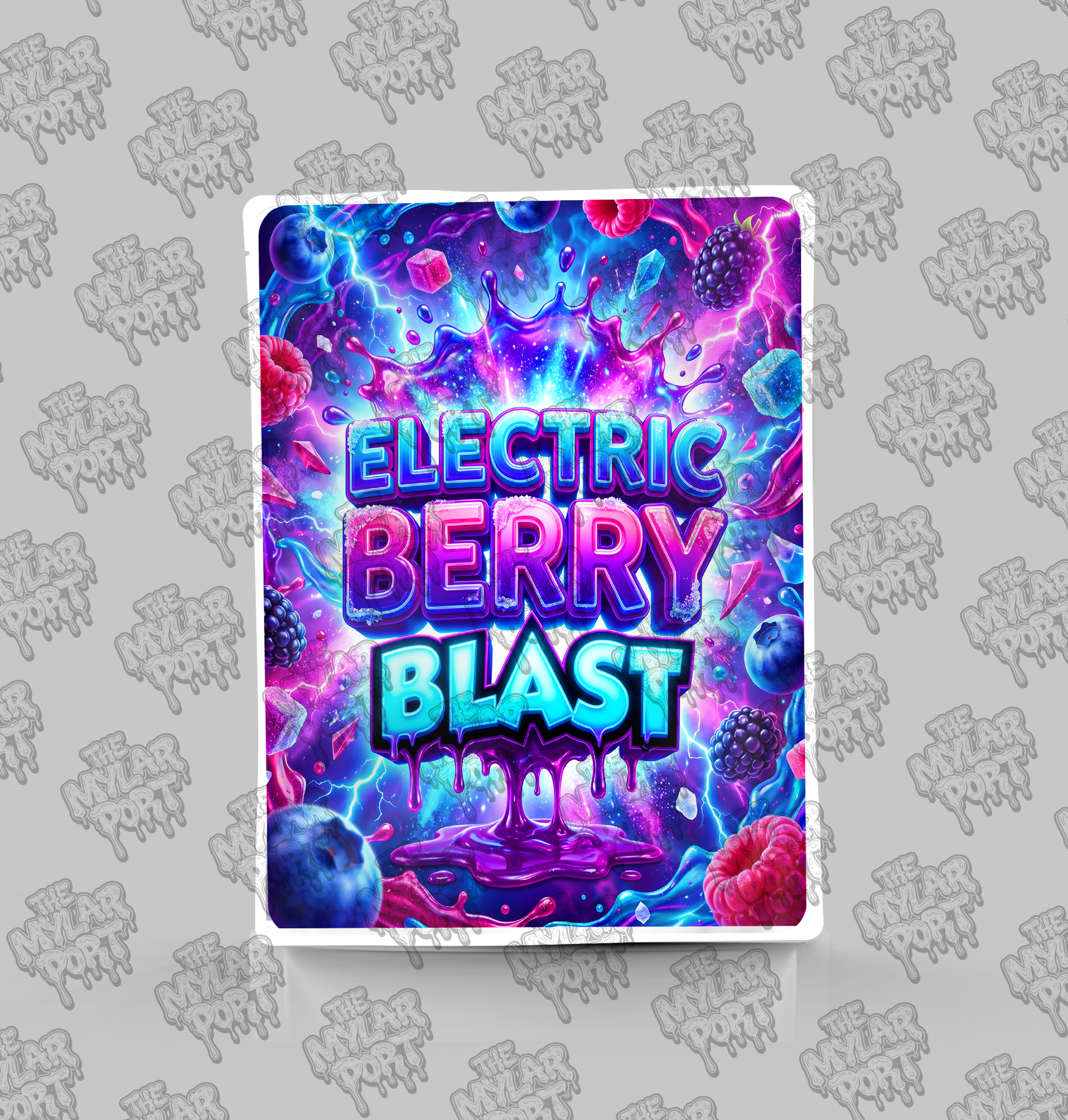 Electric Berry Blastr premade digital mylar bag design by The Mylar Port