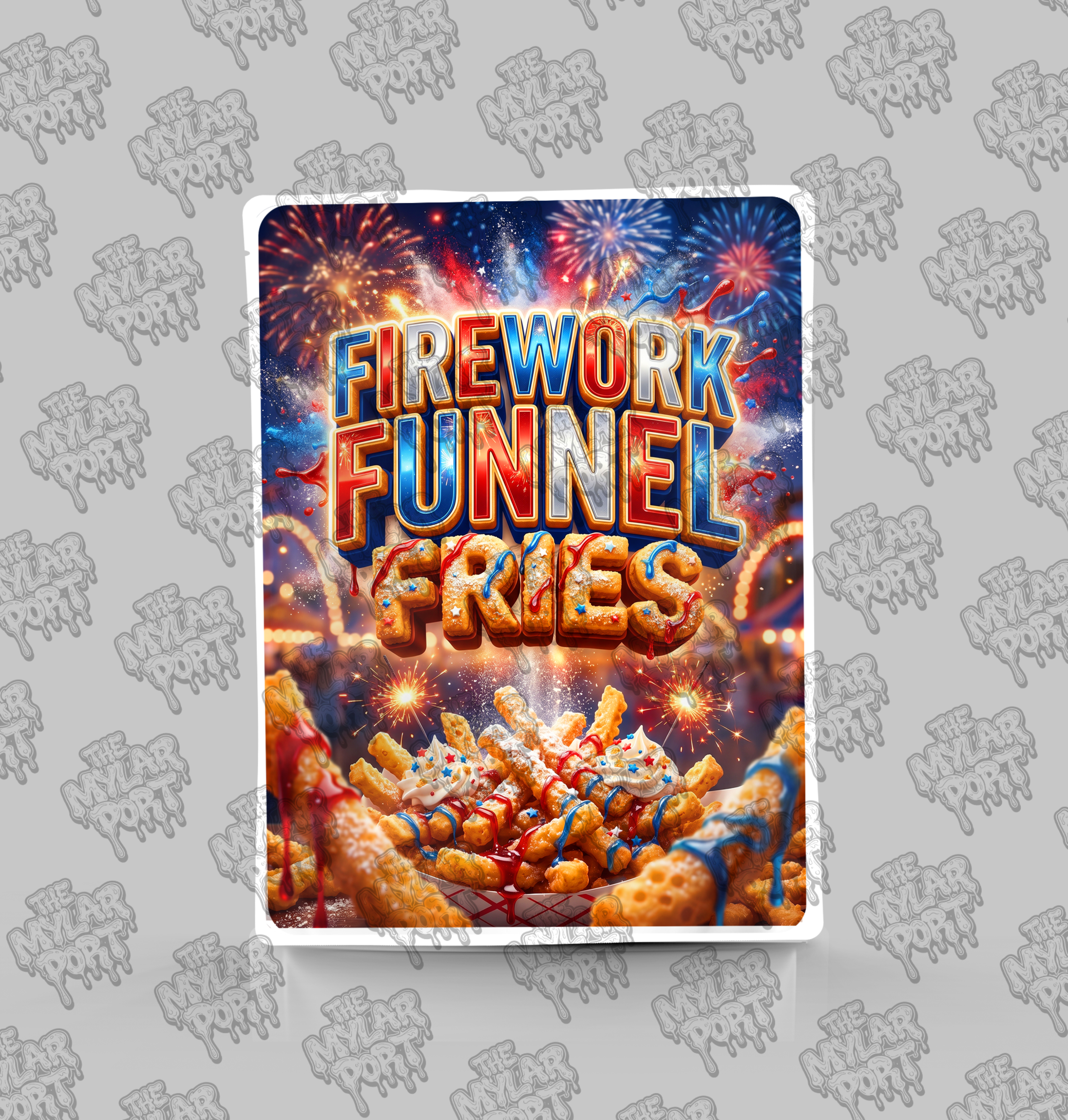 Firework Funnel Fries premade digital mylar bag design by The Mylar Port