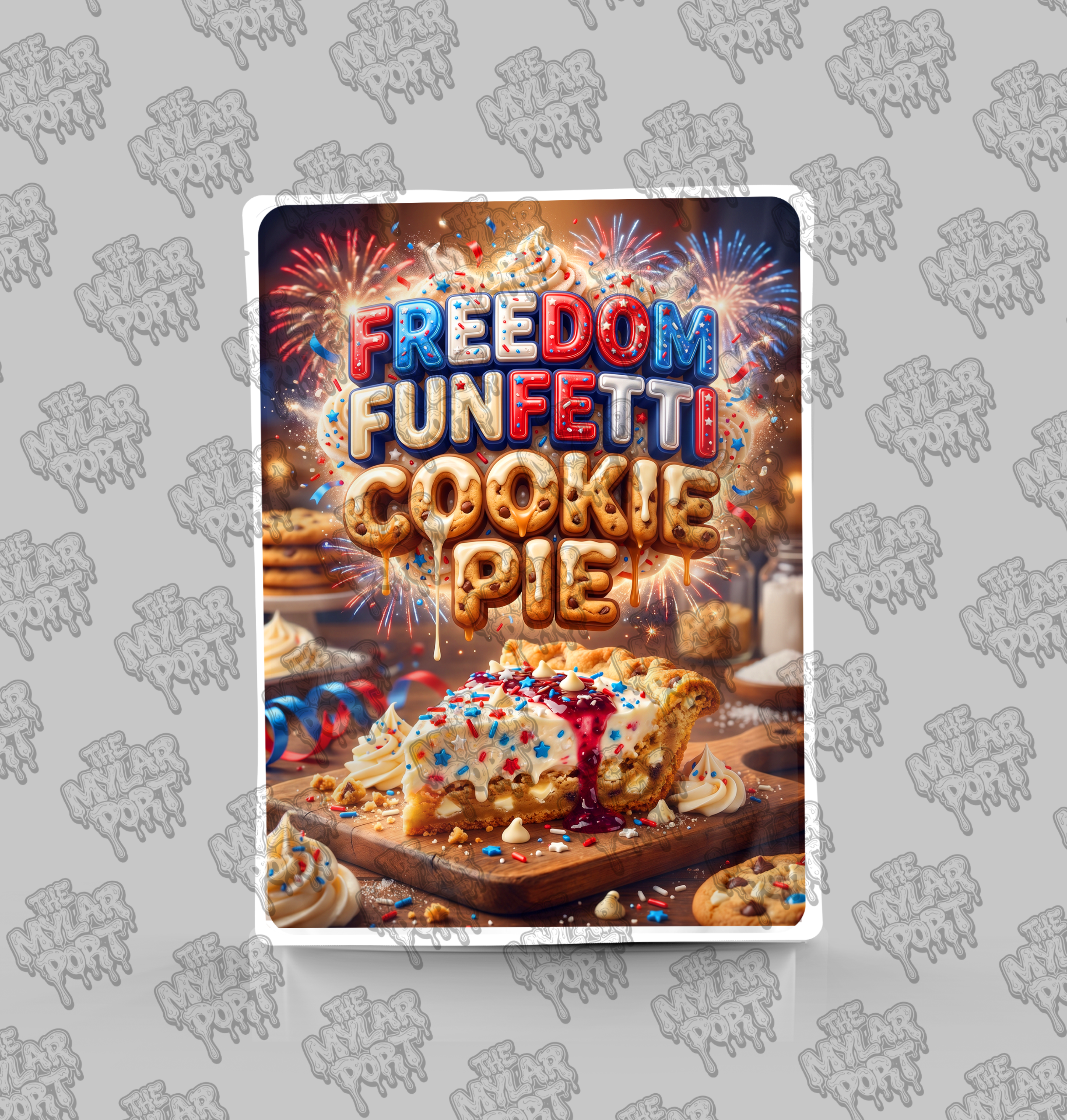 Freedom Funfetti Cookie Pie premade digital mylar bag design by The Mylar Port