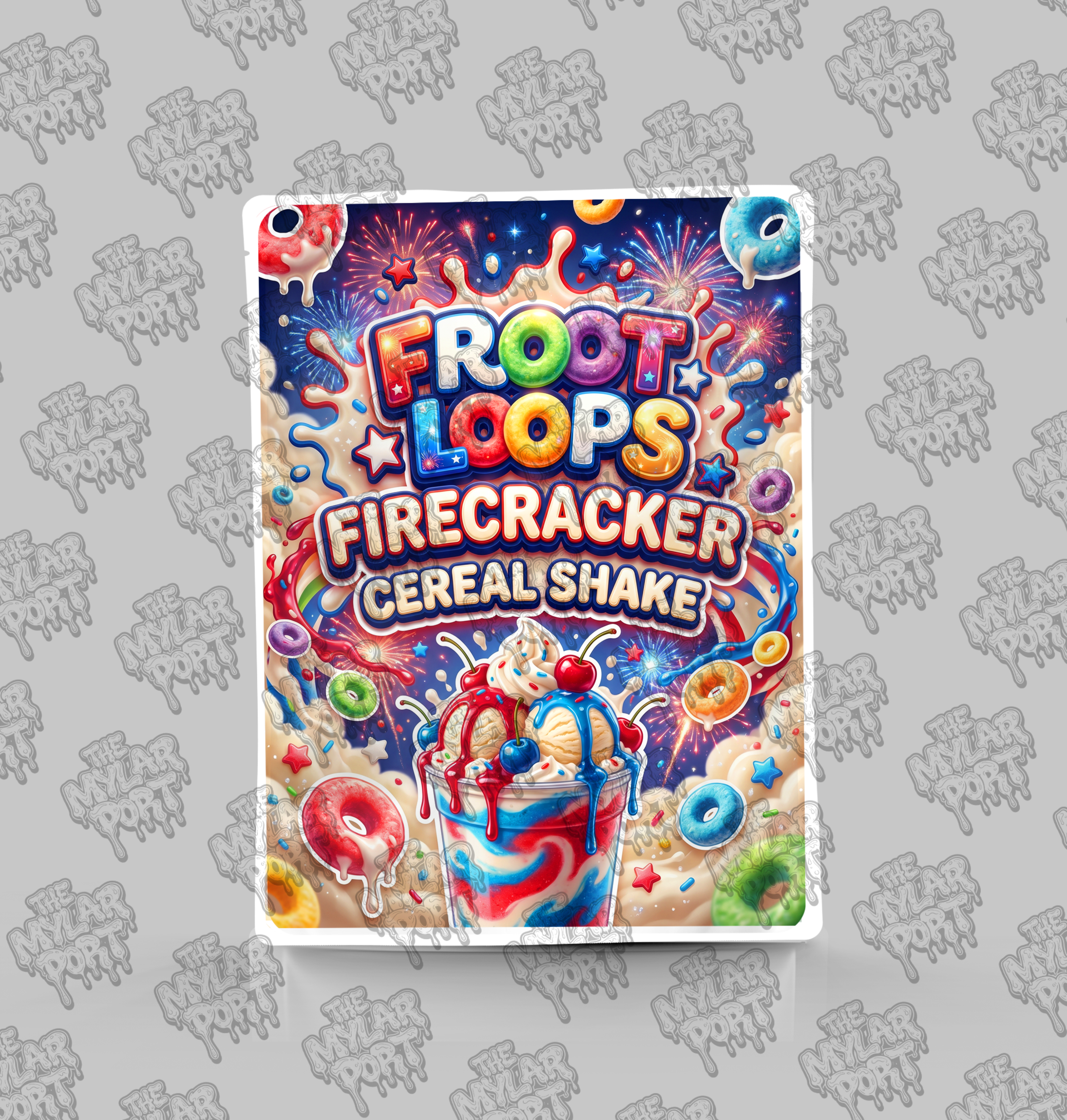 Froot Loops Firecracker Cereal Shake premade digital mylar bag design by The Mylar Port