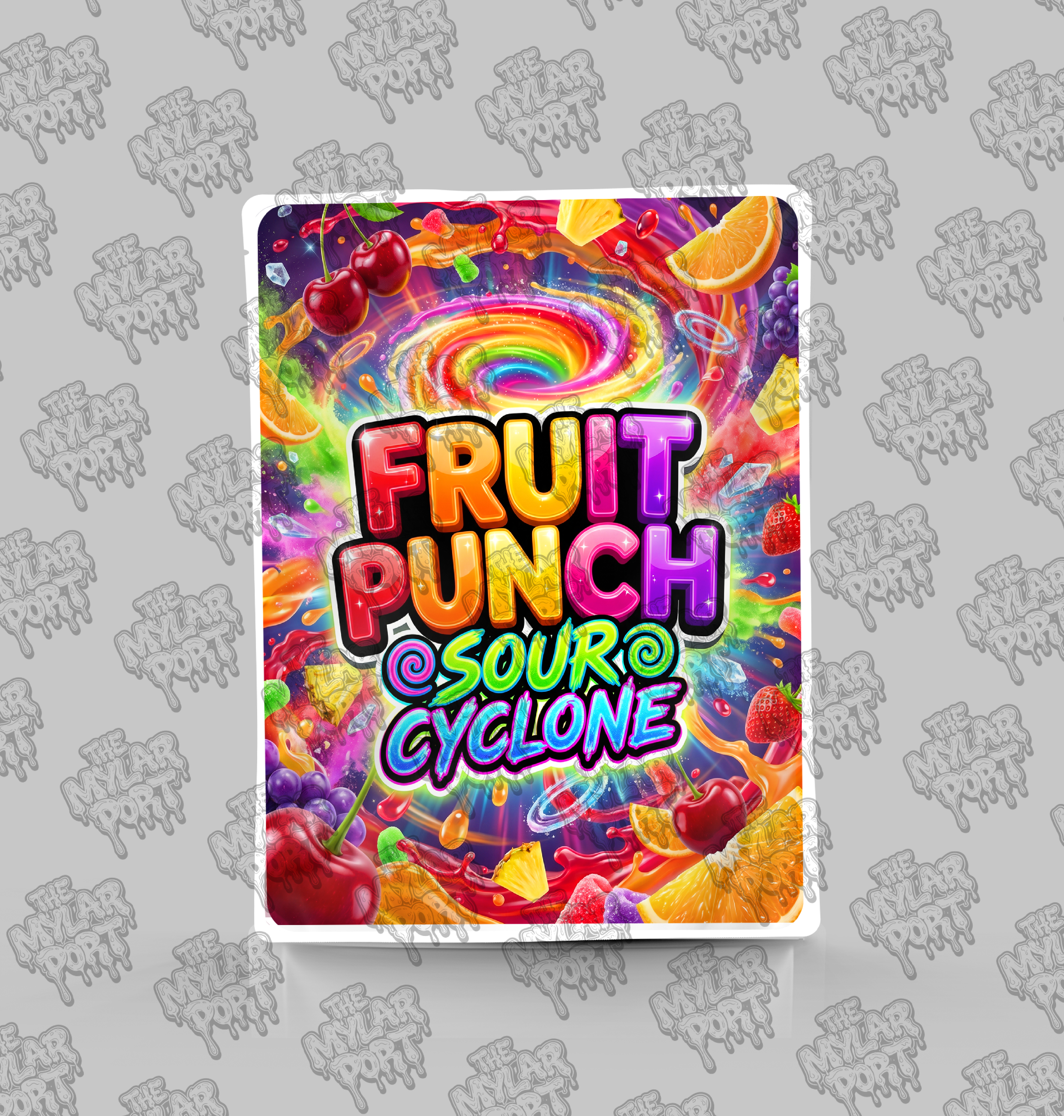 Fruit Punch Sour Cyclone premade digital mylar bag design by The Mylar Port
