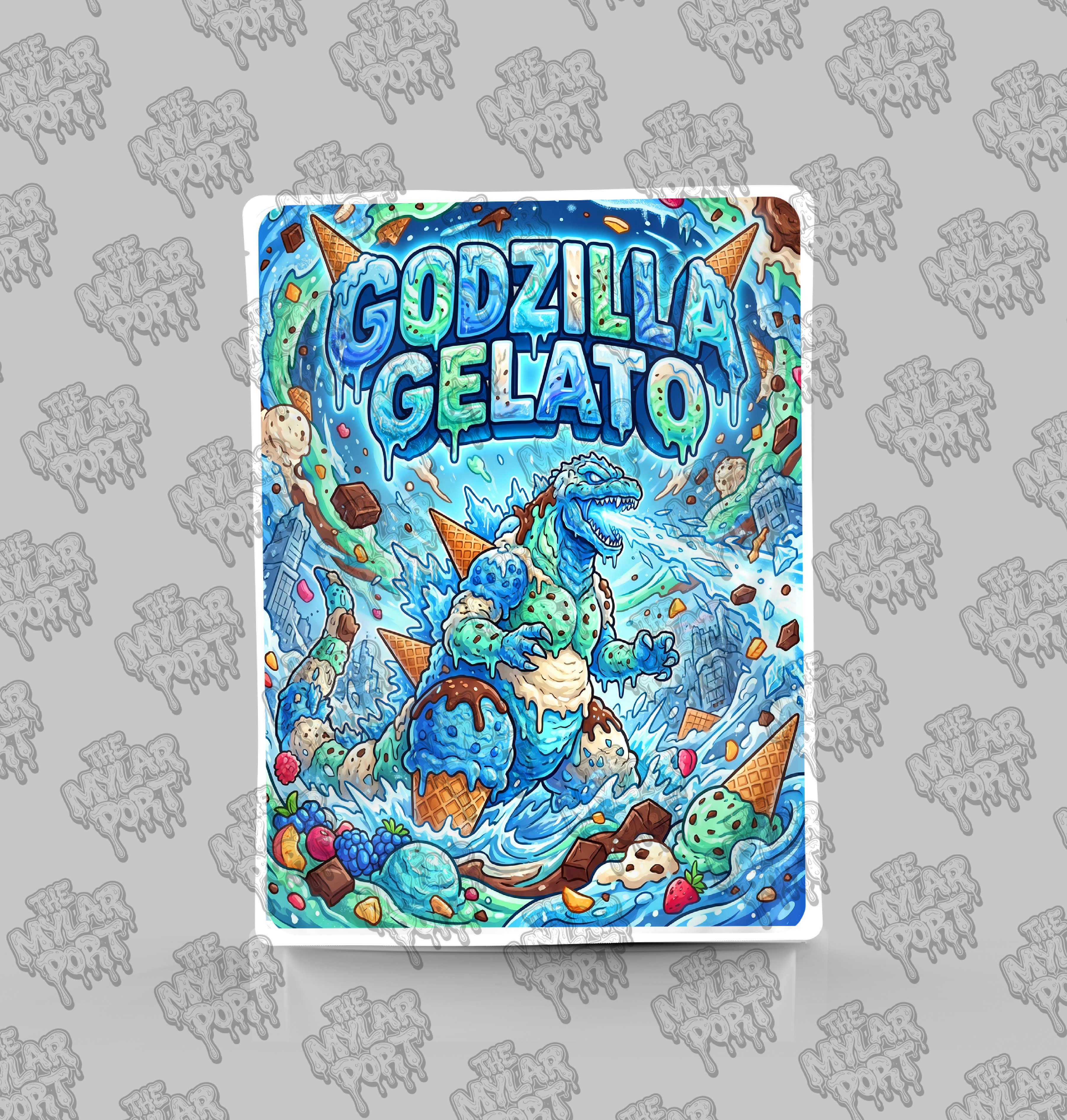 Godzilla Gelato premade digital mylar bag design by The Mylar Port