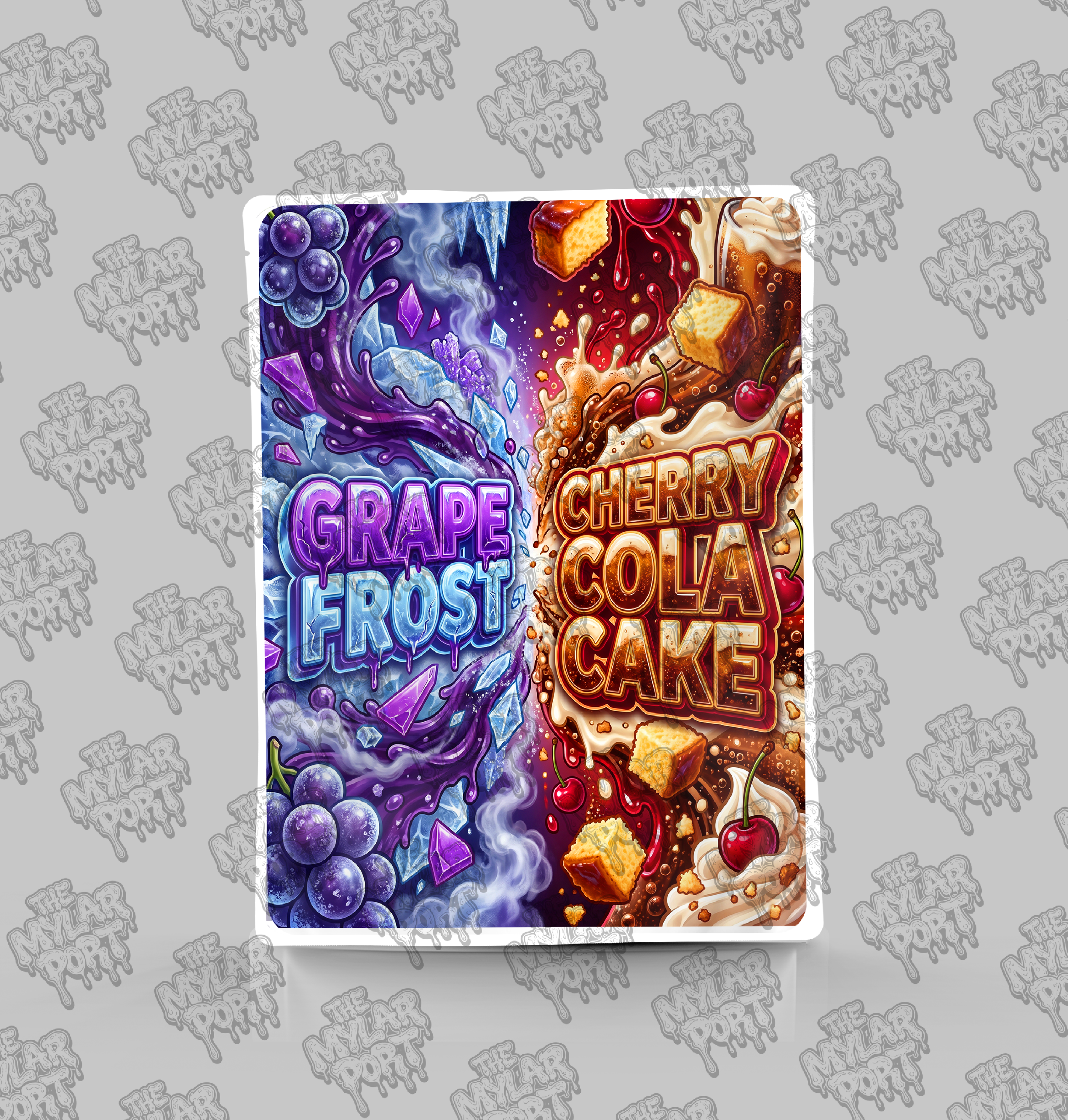 Grape Frost x Cherry Cola Cake premade digital mylar bag design by The Mylar Port