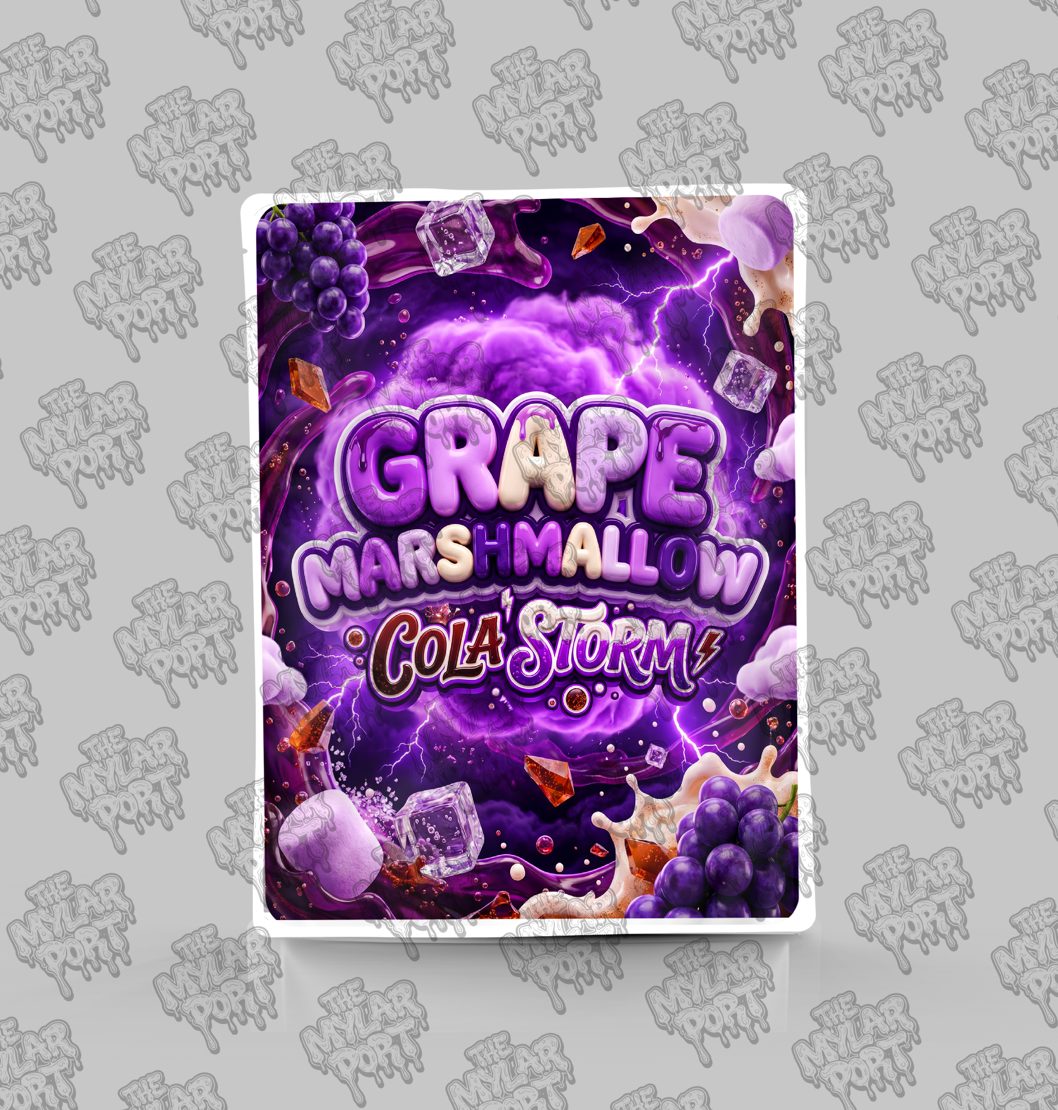 Grape Marshmallow Cola Storm premade digital mylar bag design by The Mylar Port