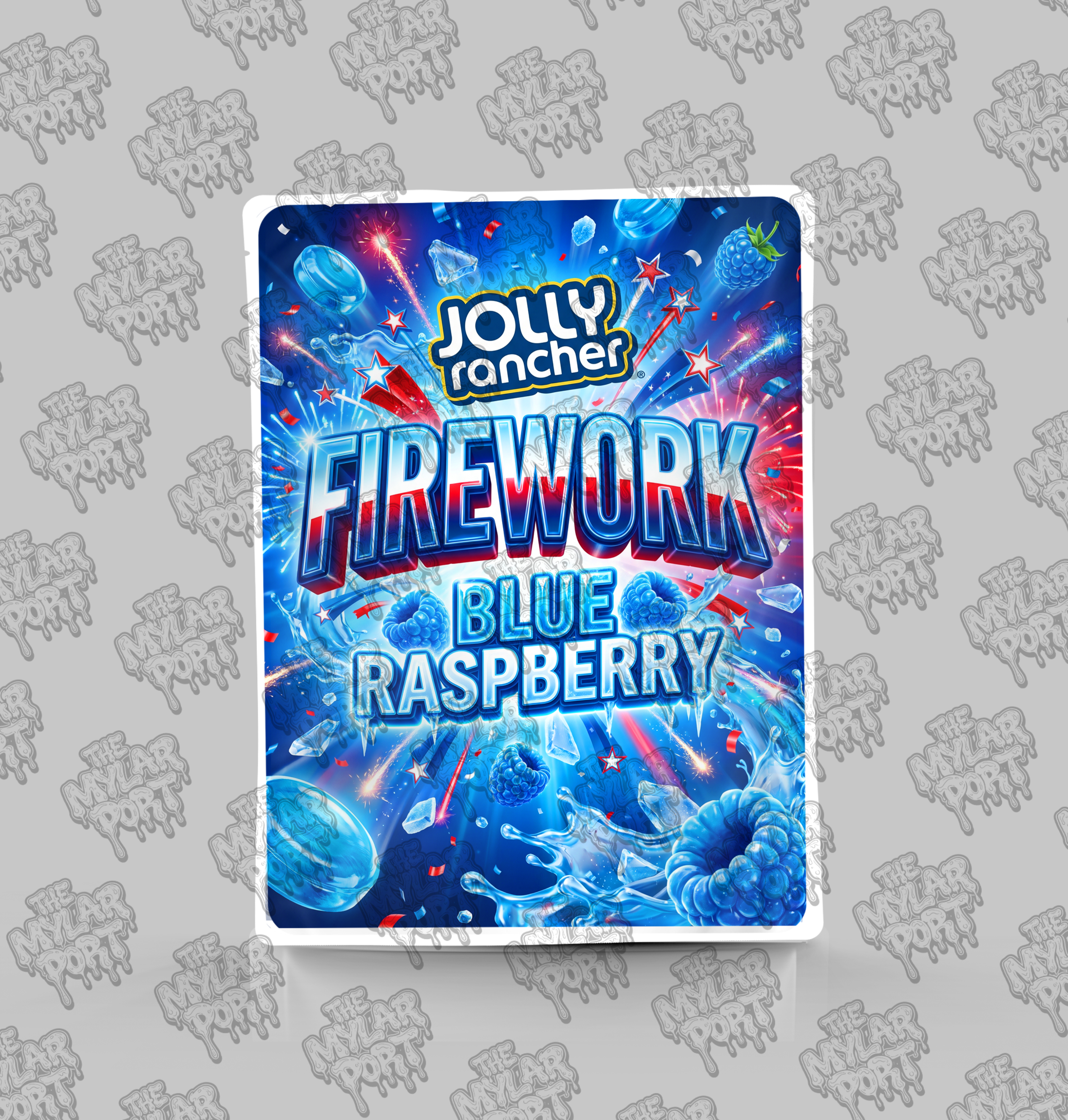 Jolly Rancher Firework Blue Raspberry premade digital mylar bag design by The Mylar Port