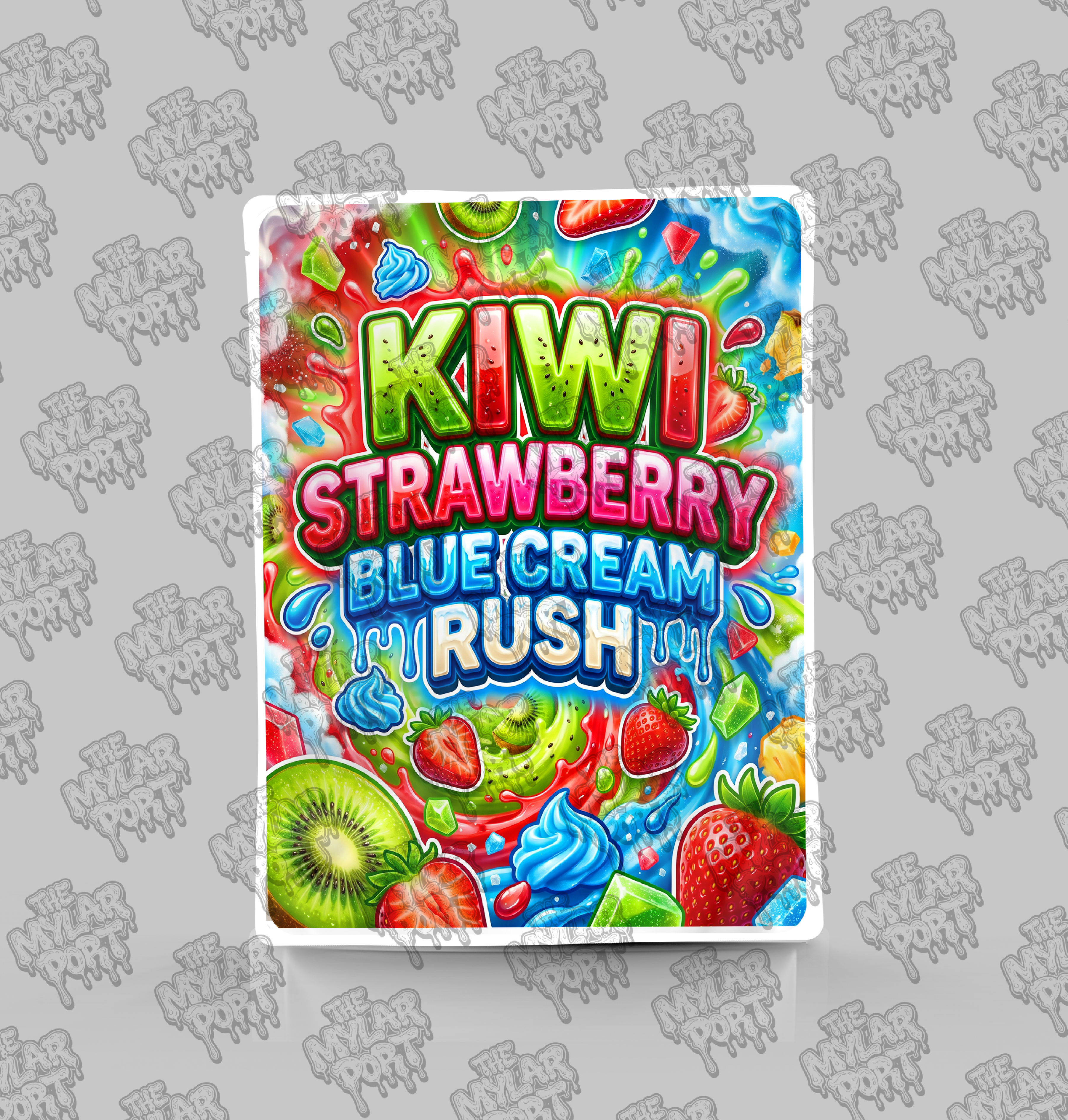 Kiwi Strawberry Blue Cream Rush premade digital mylar bag design by The Mylar Port