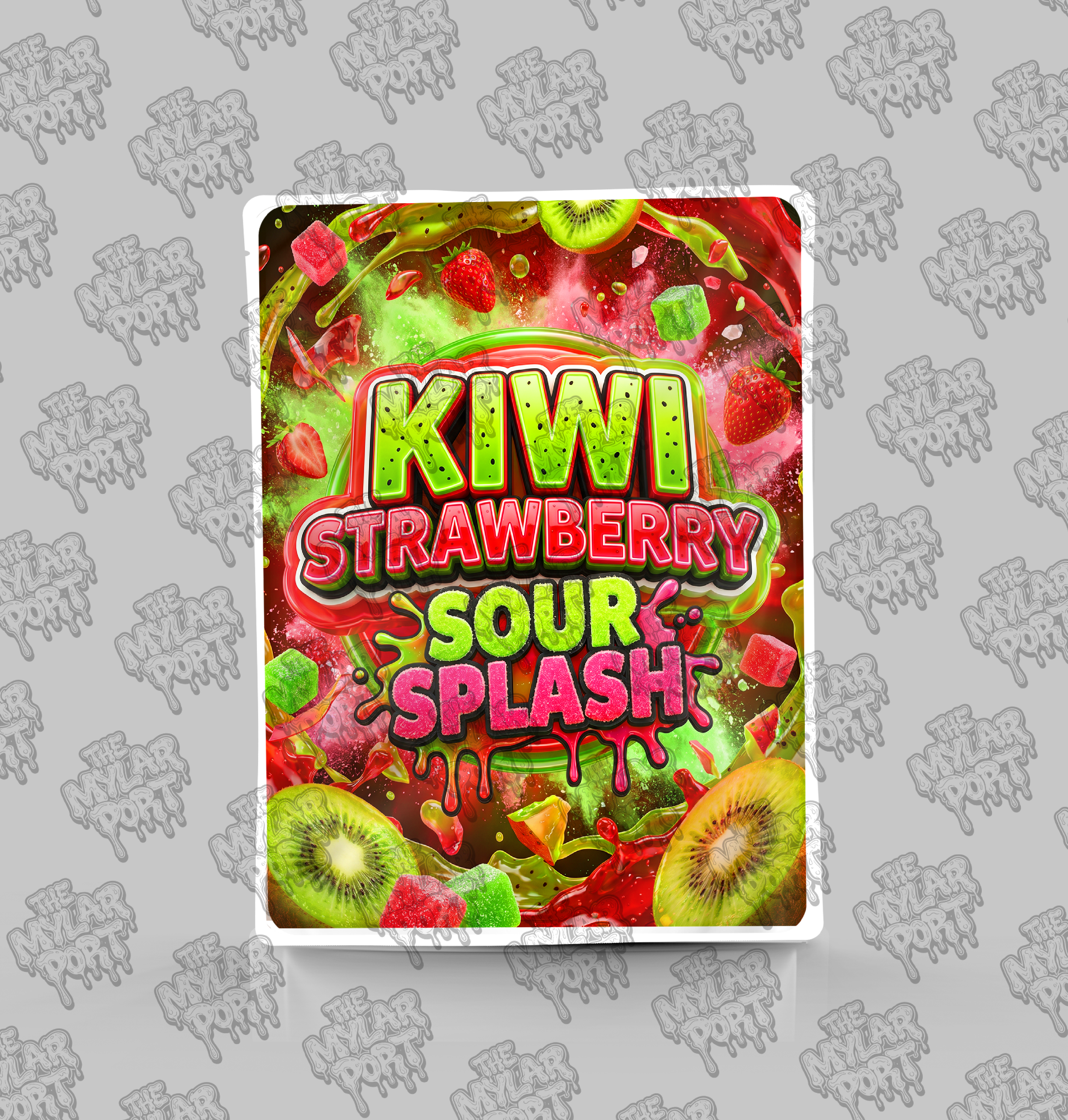 Kiwi Strawberry Sour Splash premade digital mylar bag design by The Mylar Port