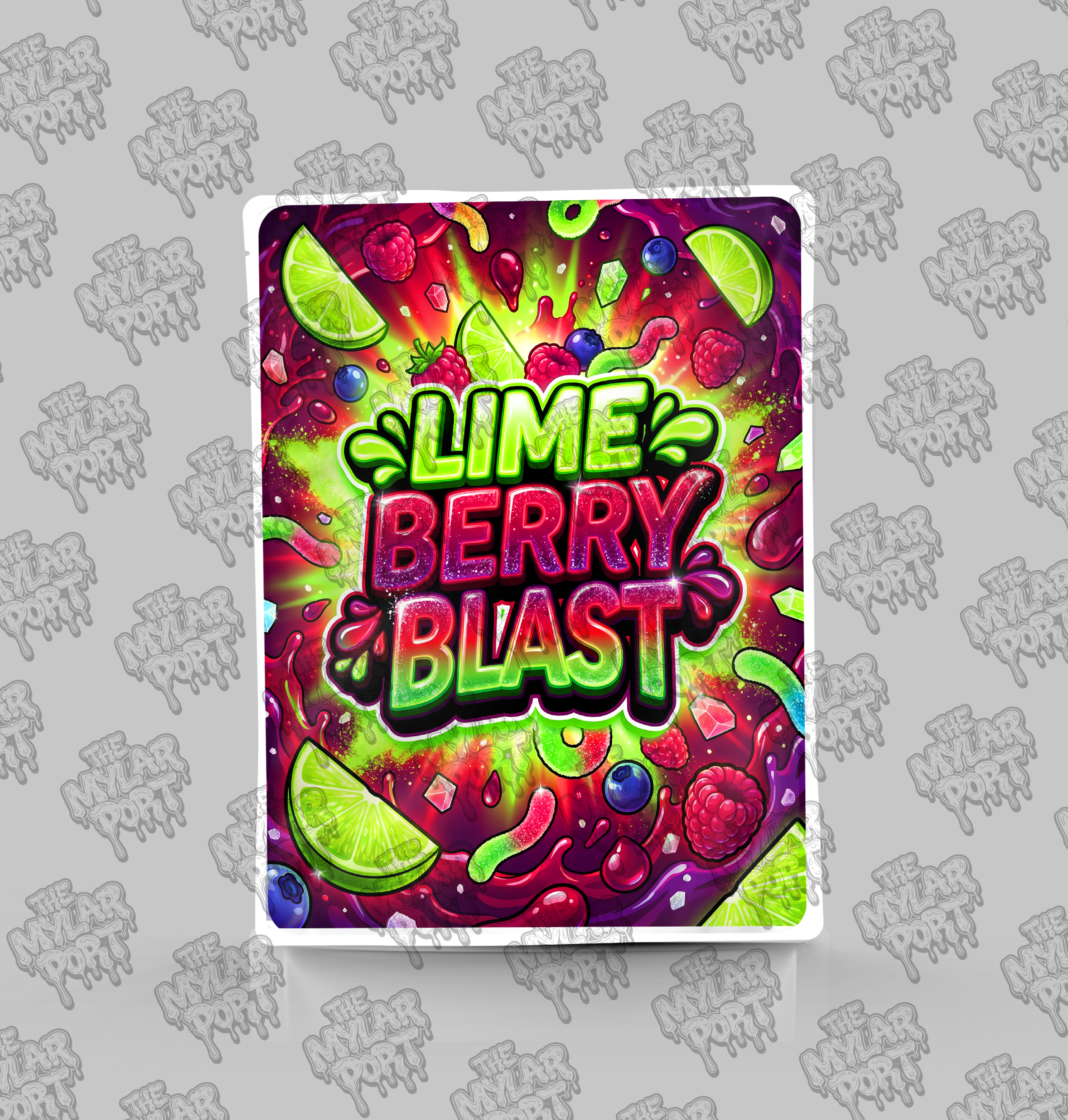 Lime Berry Blast premade digital mylar bag design by The Mylar Port