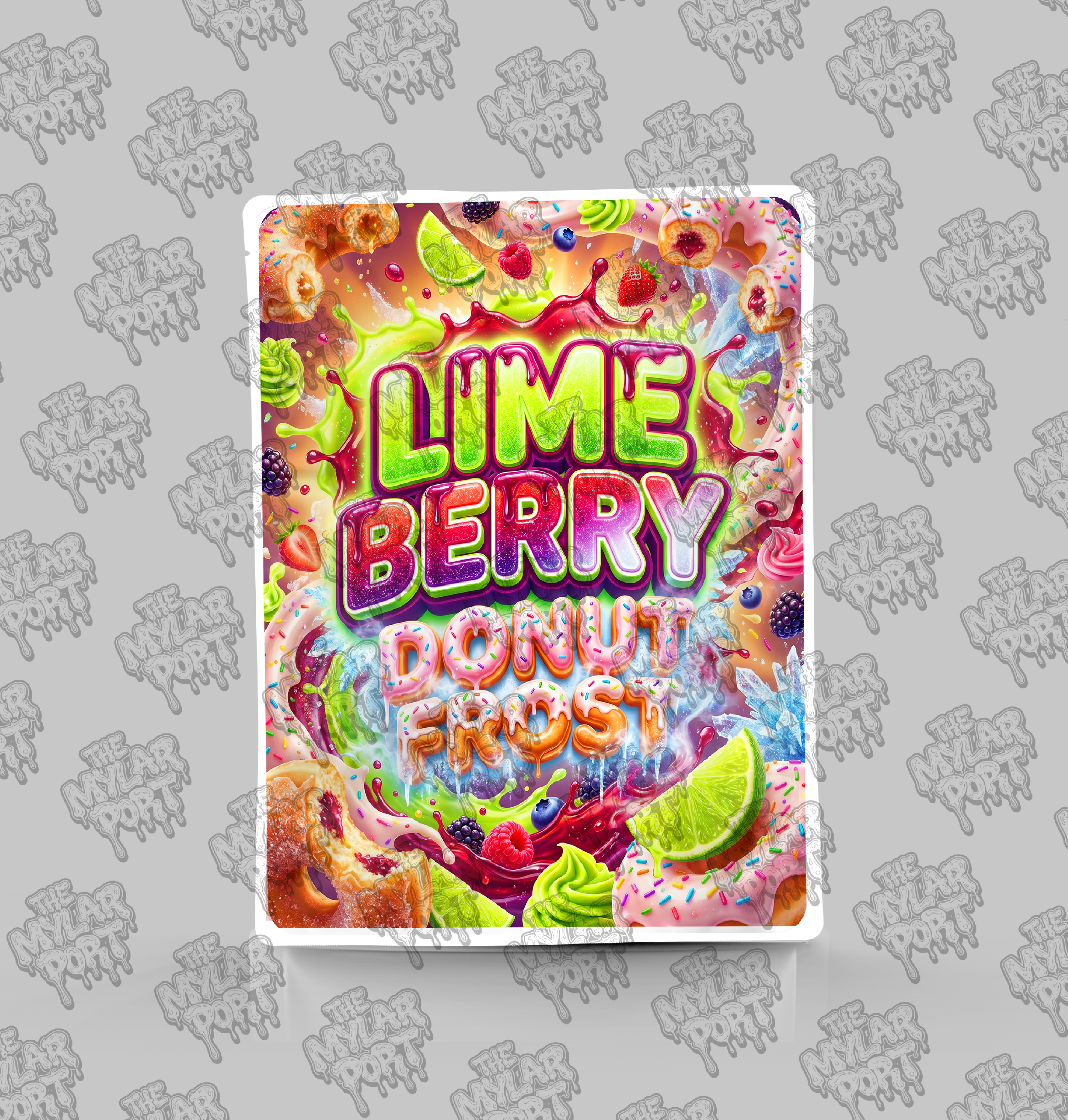 Lime Berry Donut Frost premade digital mylar bag design by The Mylar Port