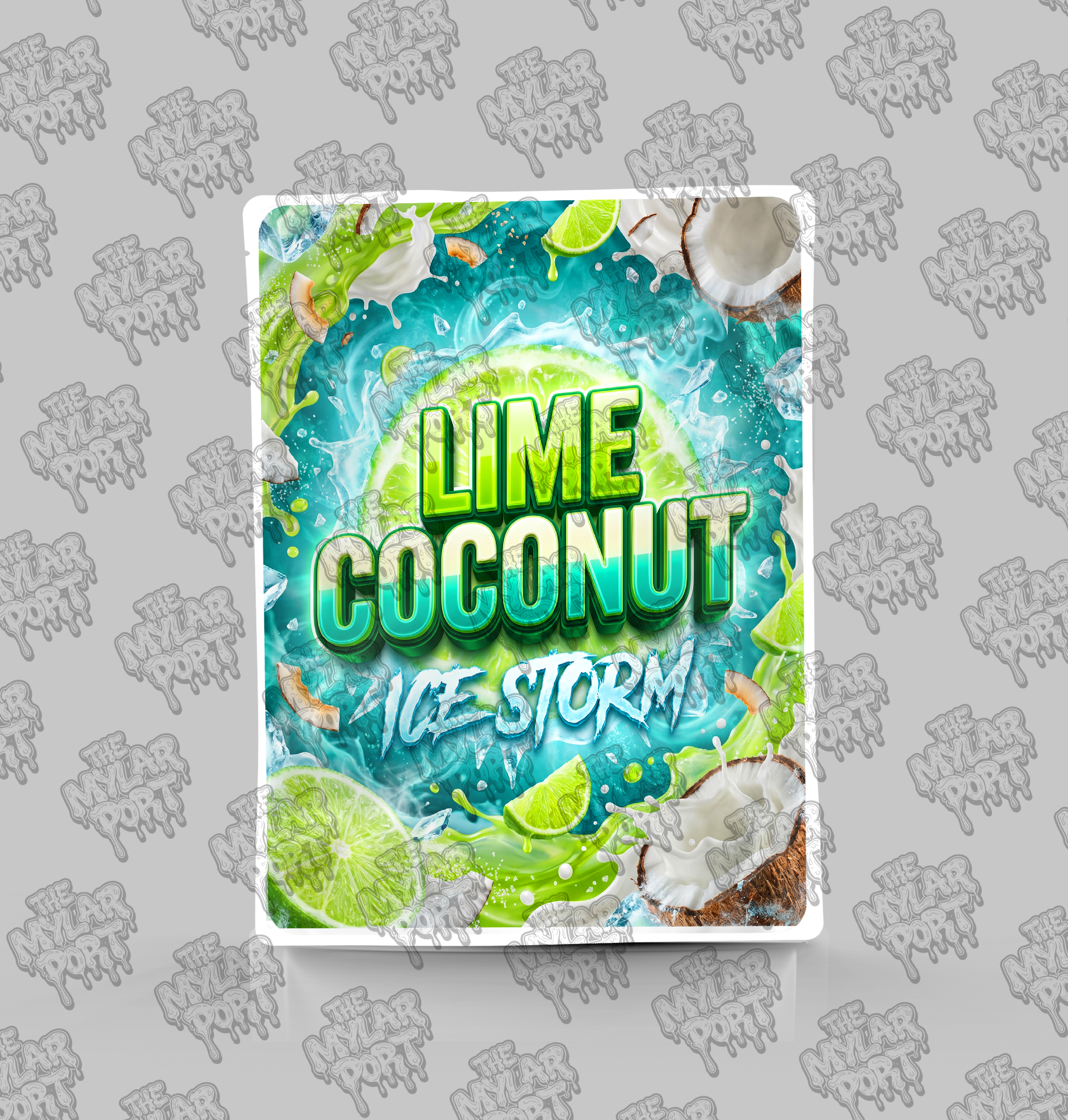 Lime Coconut Ice Storm premade digital mylar bag design by The Mylar Port