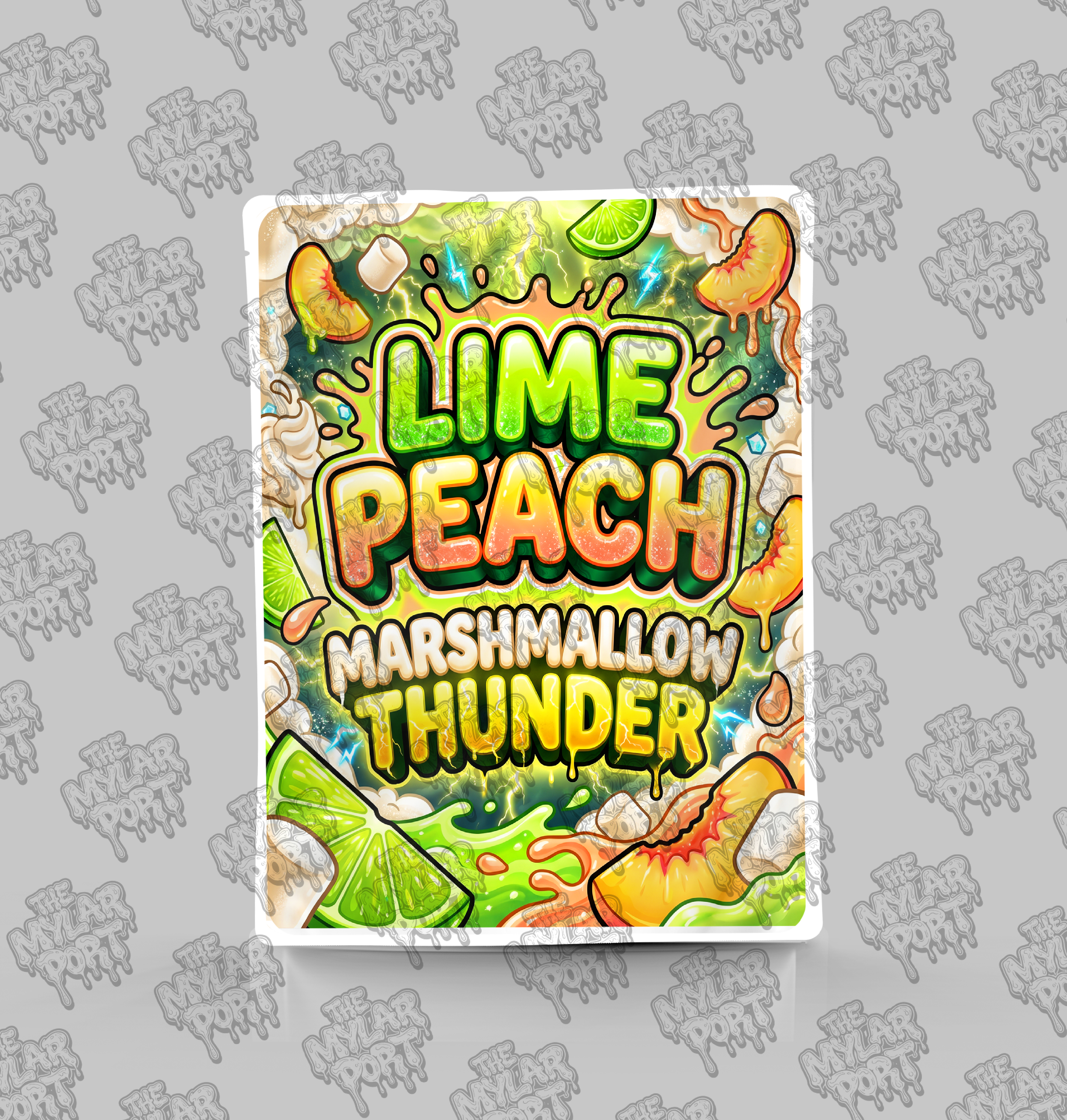 Lime Peach Marshmallow Thunder premade digital mylar bag design by The Mylar Port