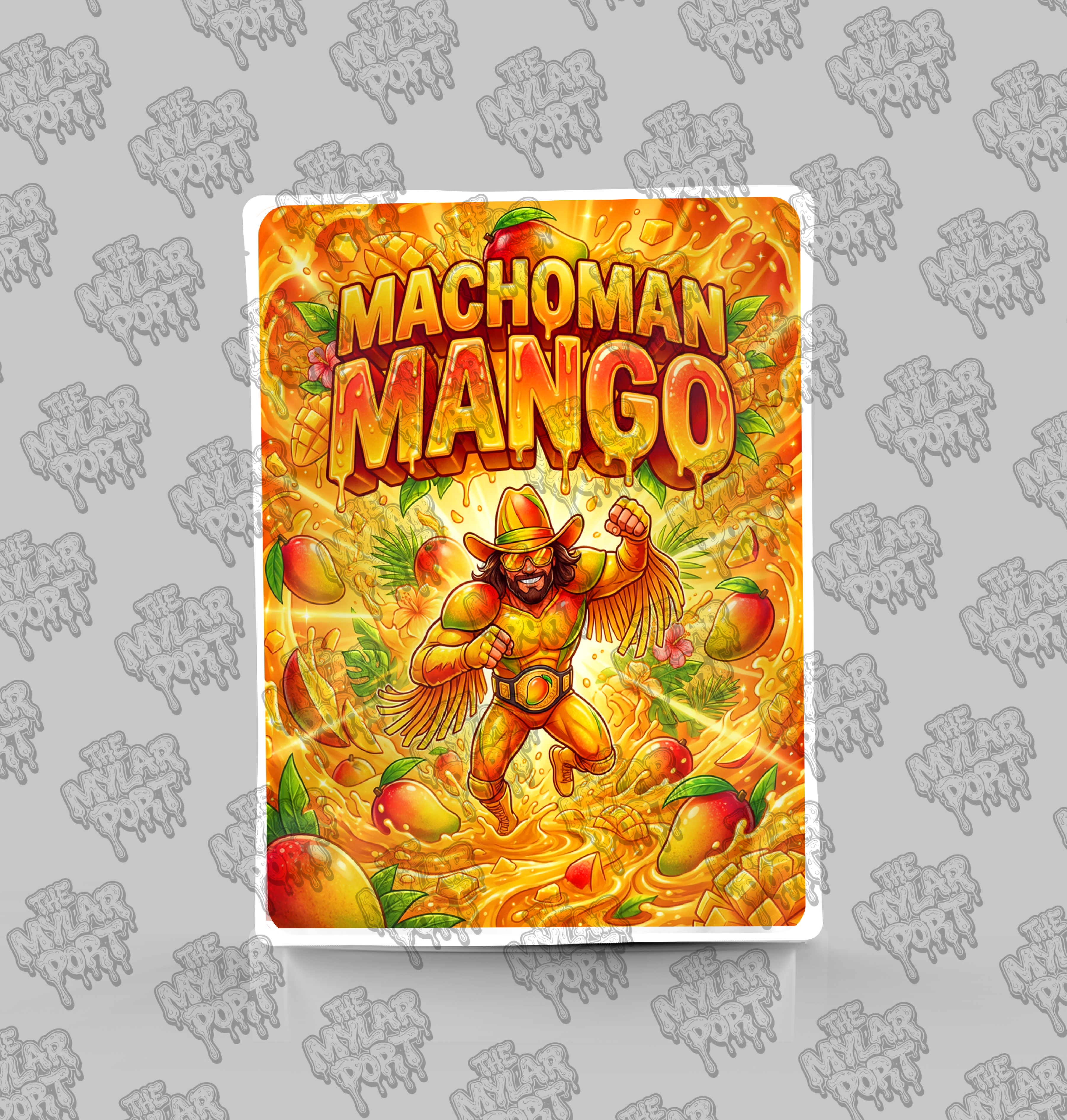 Machoman Mango premade digital mylar bag design by The Mylar Port