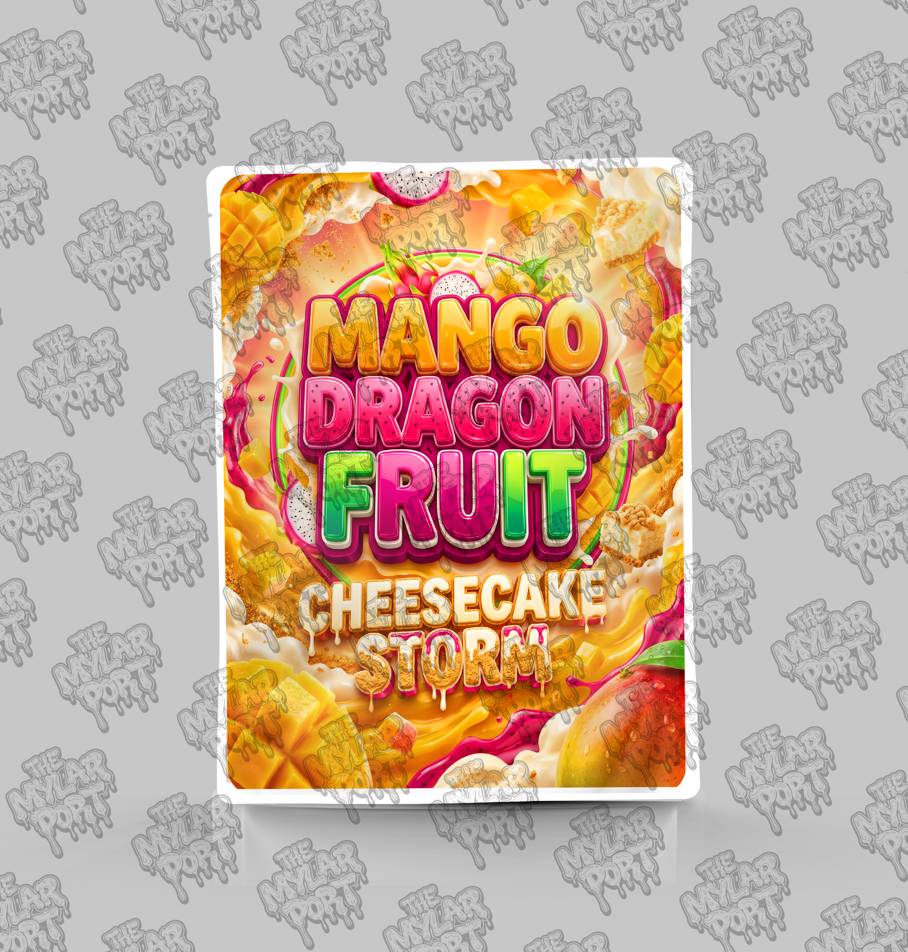 Mango Dragonfruit Cheesecake Storm premade digital mylar bag design by The Mylar Port